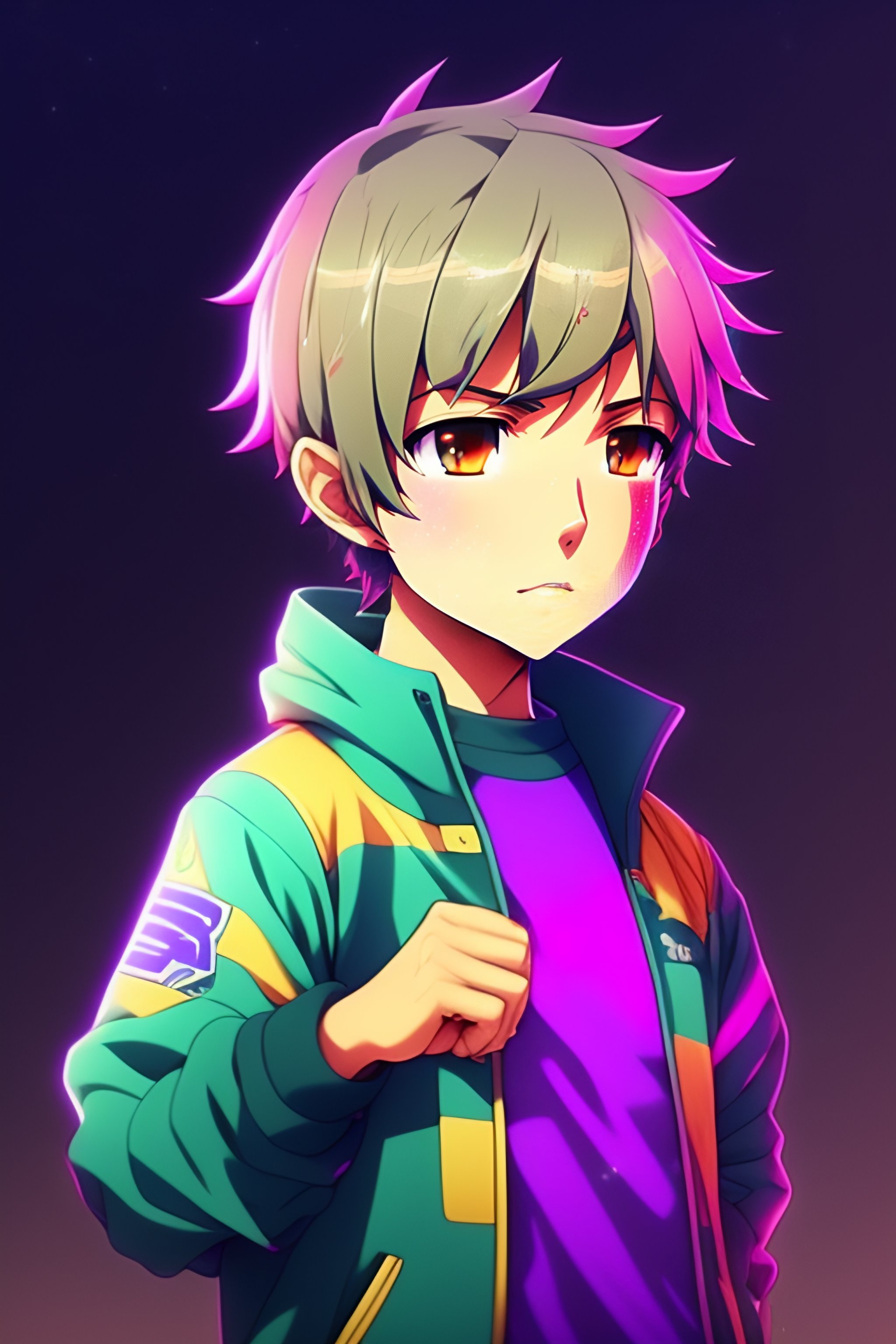 Lexica - A 12-year-old boy whose hand is purple in anime style.