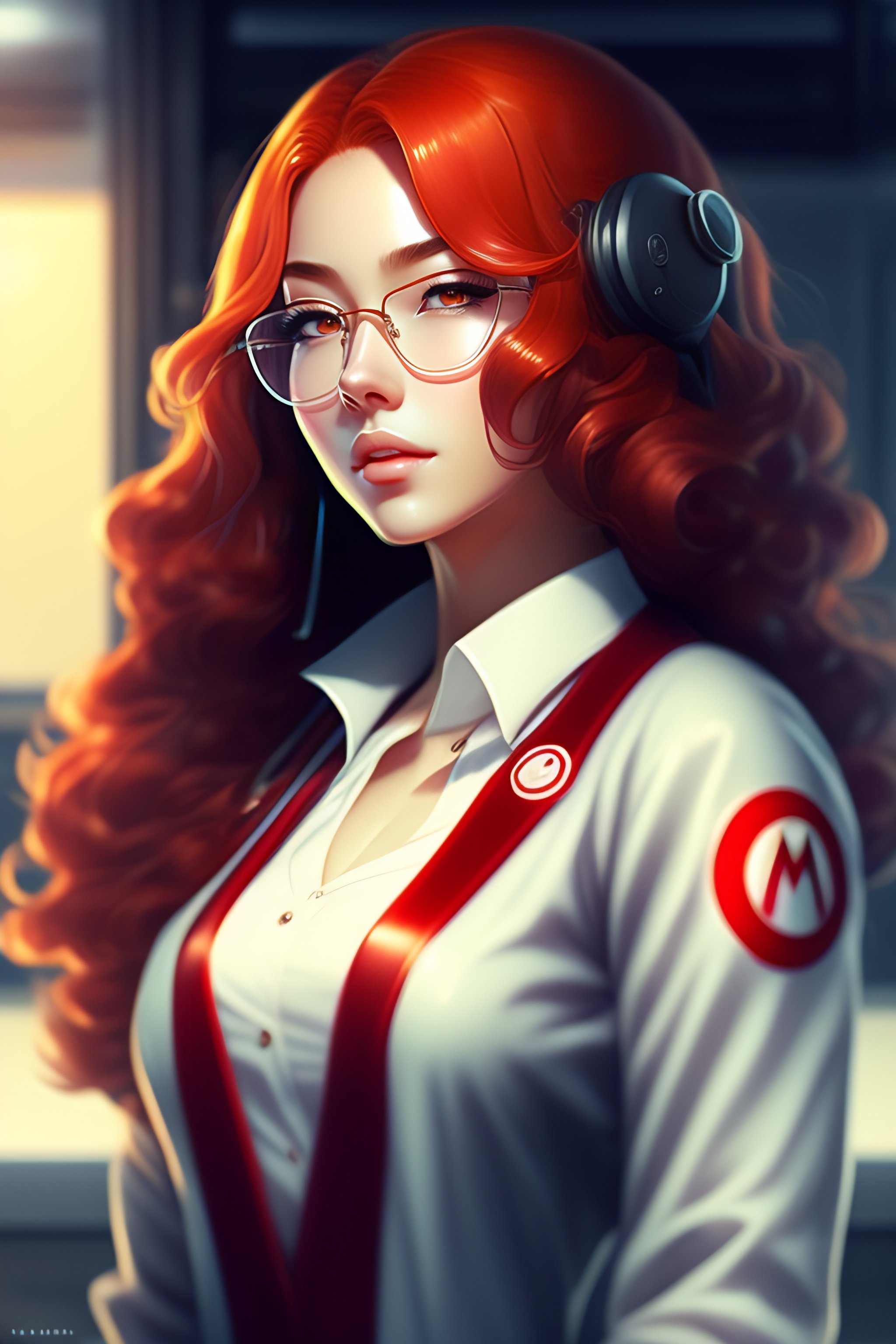 Lexica Beautiful Anime Girl With Long Red Hair Wearing Lab Coat And Glasses Super Mario