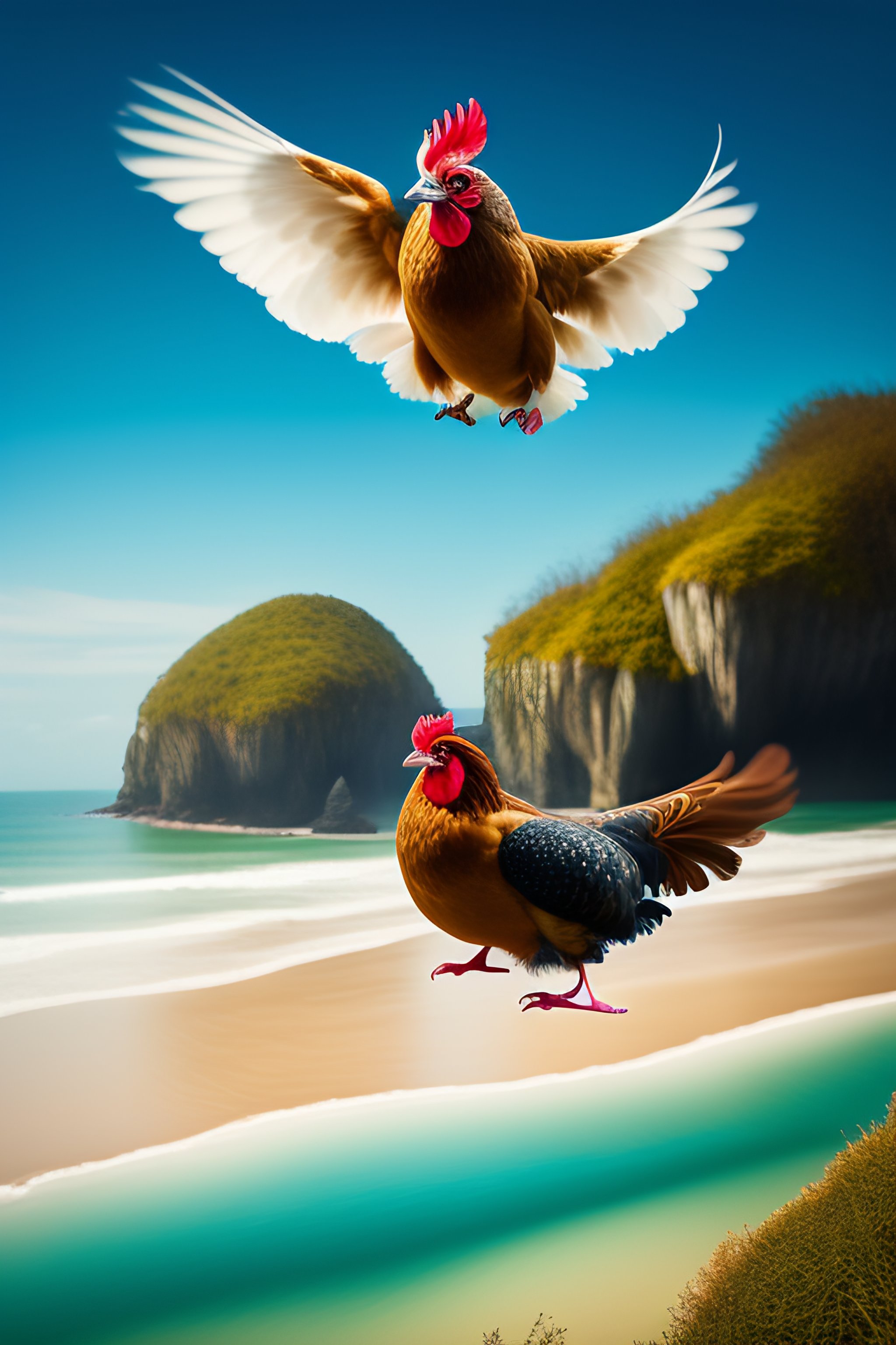 Lexica - Flying chicken over the sea