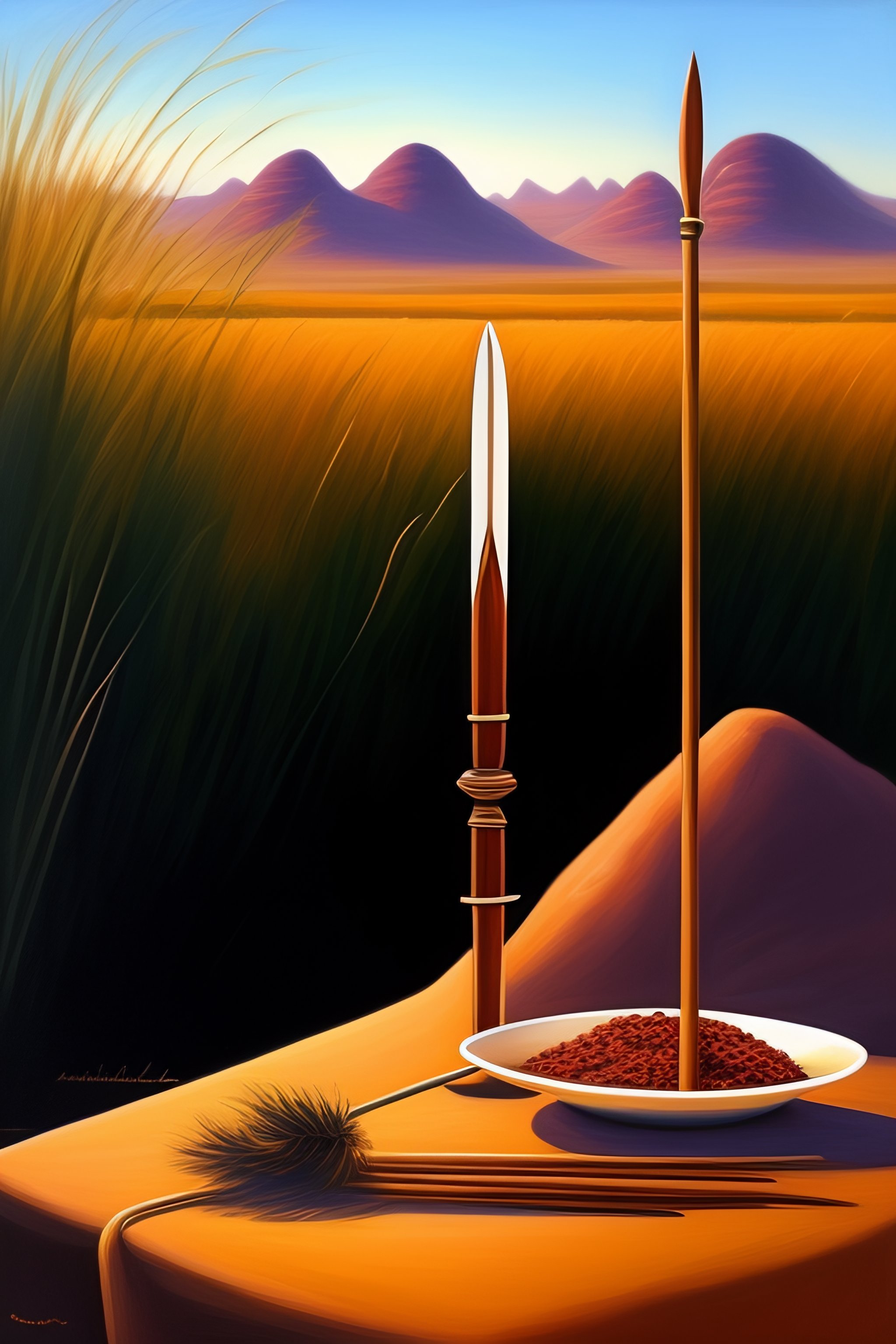 Lexica - A spear and a neaklace, on a table, drawing, amerindian style ...