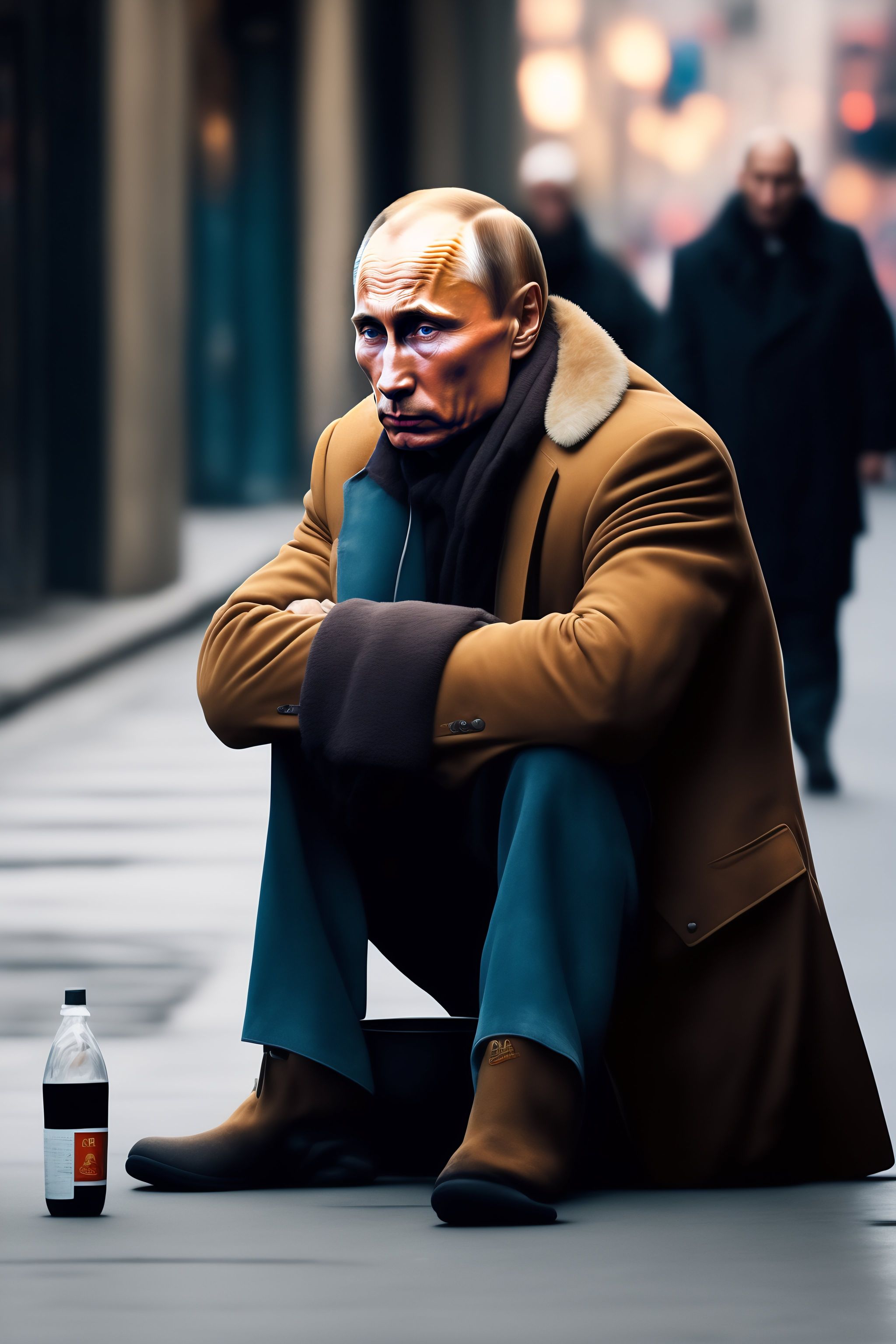 Lexica - Putin as a homeless person in dirty clothes eating fromthe floor
