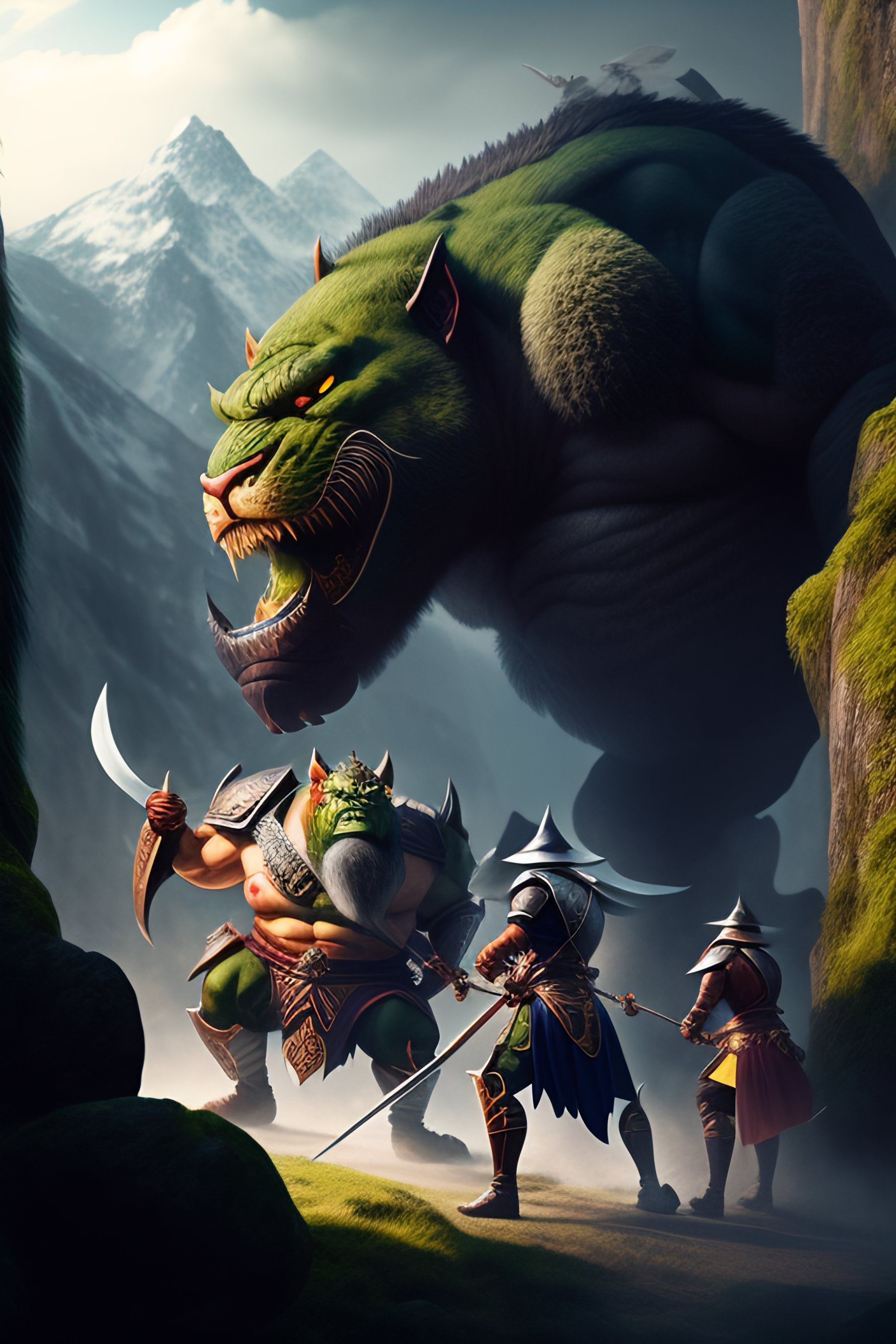 Lexica - Three knights fighting a ogre in the florest, realistic, fantasy