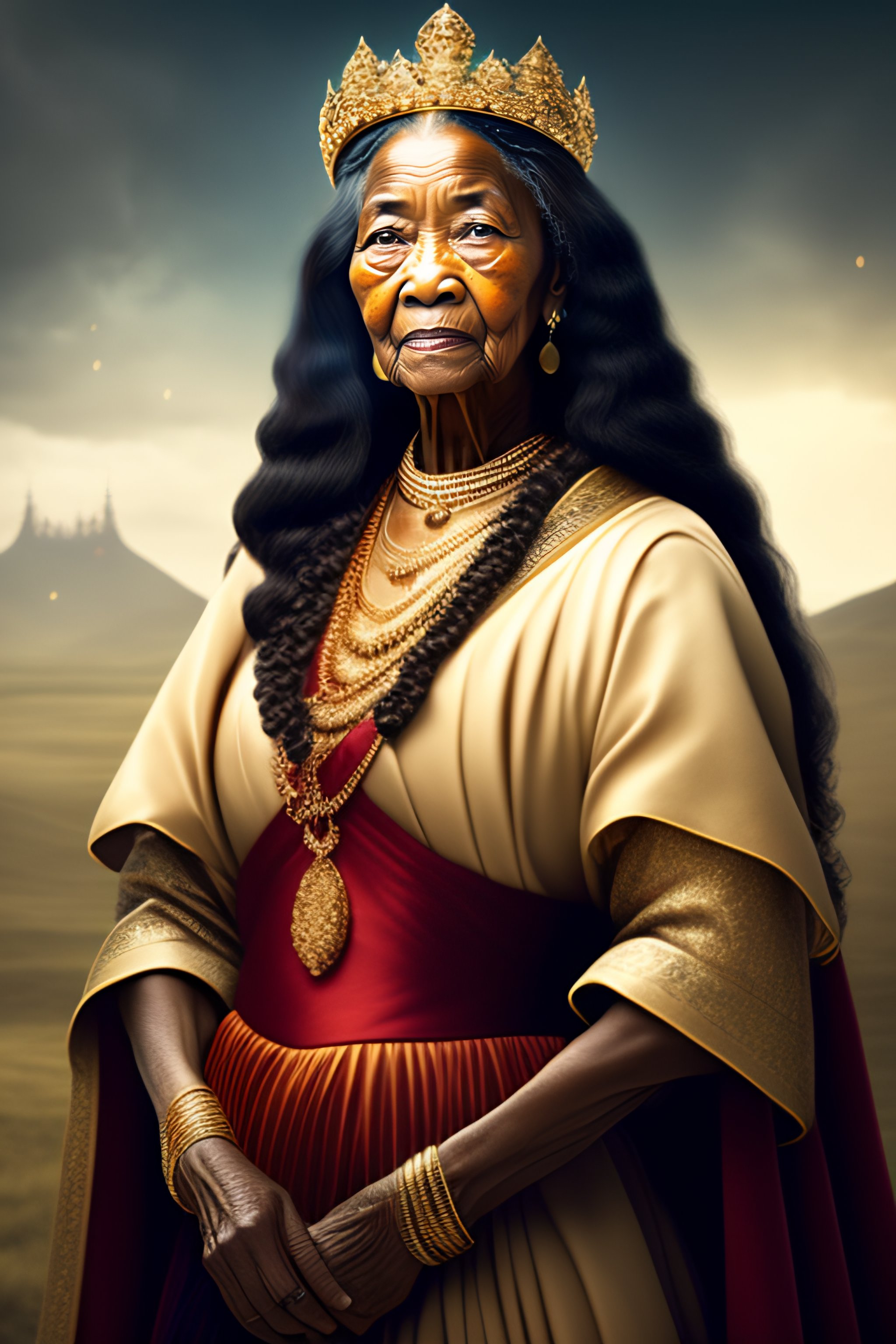 Lexica - Woman old blind lady with long hair and queen of a kingdom