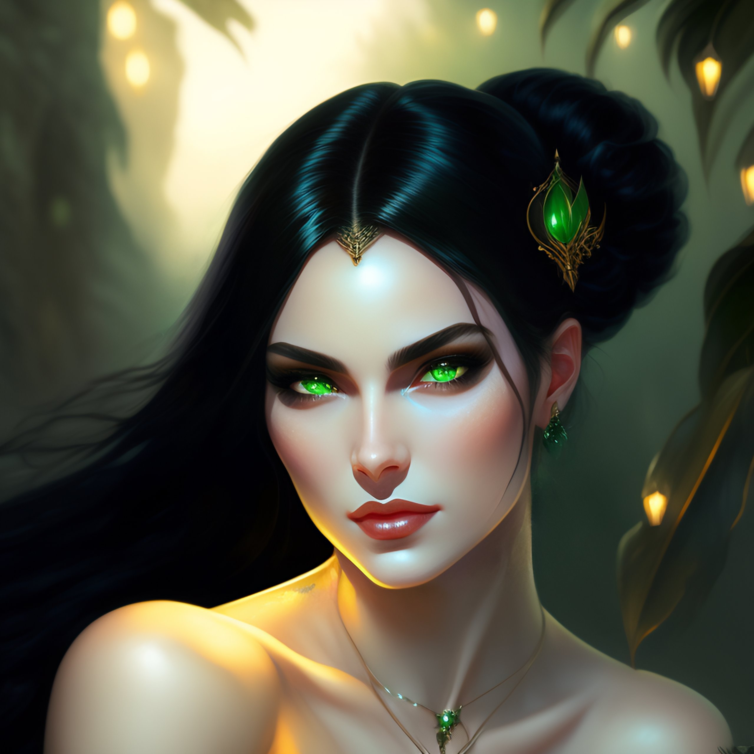 Lexica Black hair woman, vampire, white skin, pale skin, green eyes