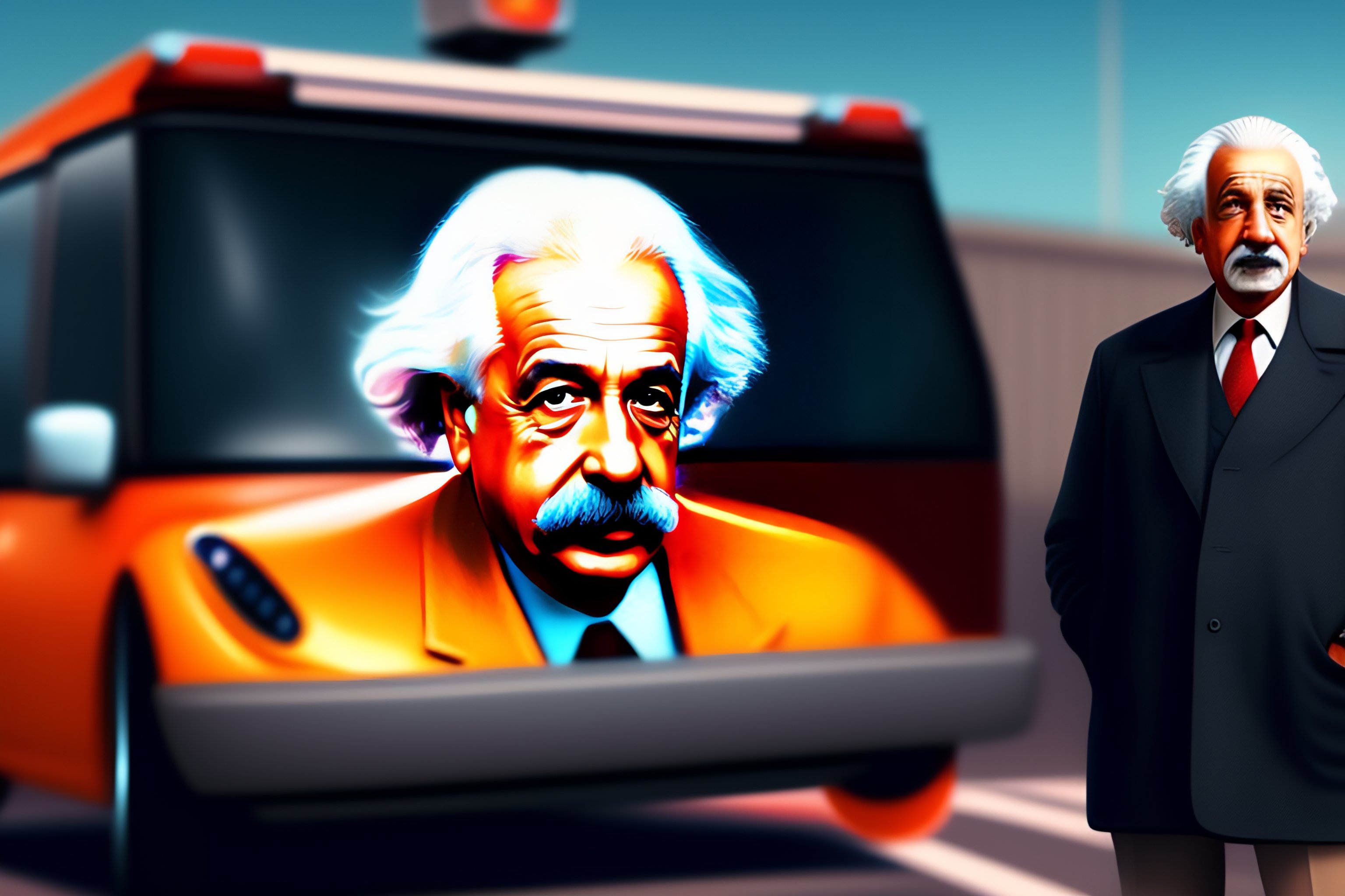 Lexica - Portrait of Albert Einstein asking a question in a parking lot ...