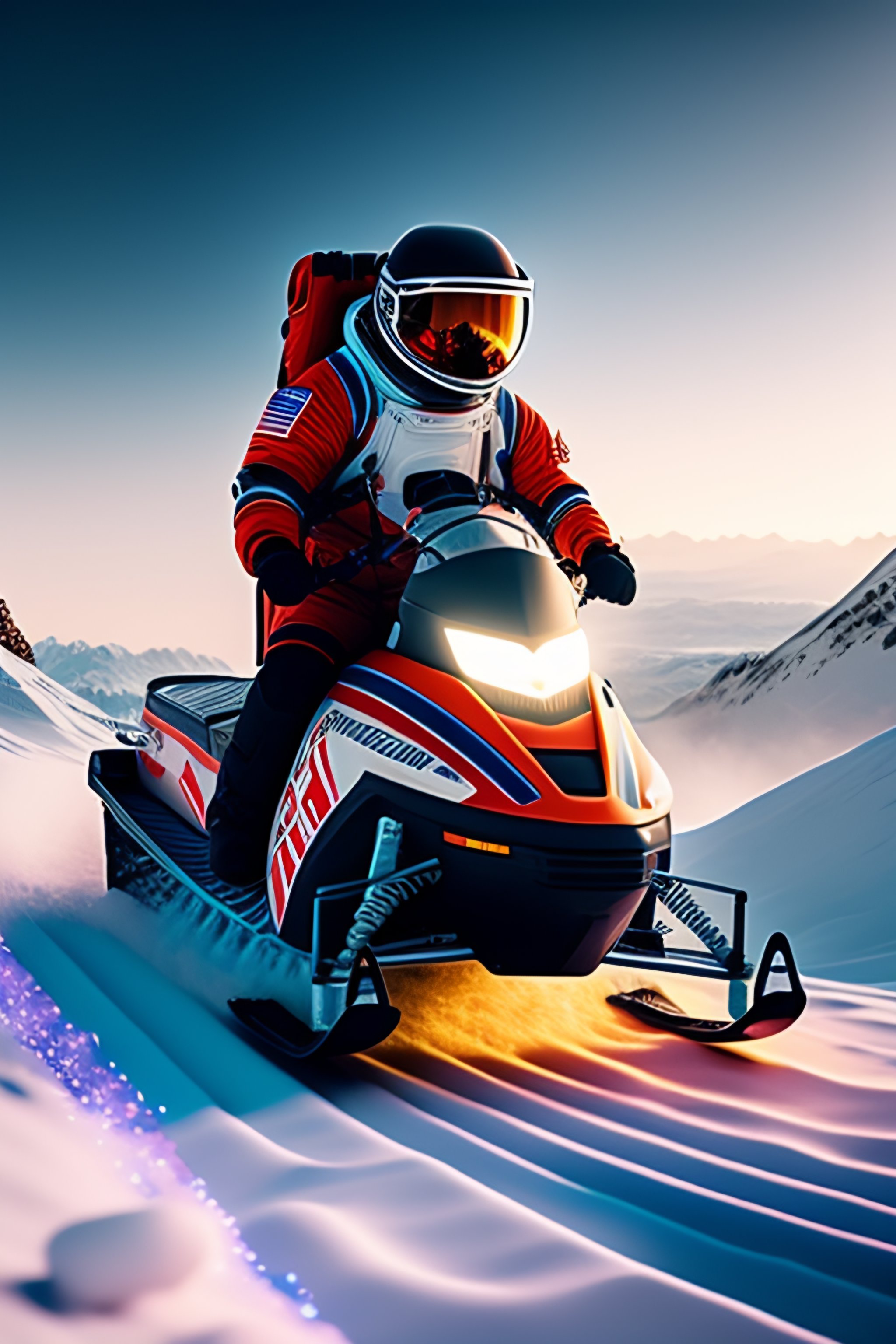Lexica - Photo of an astronaut riding a snowmobile in snowy mountains ...