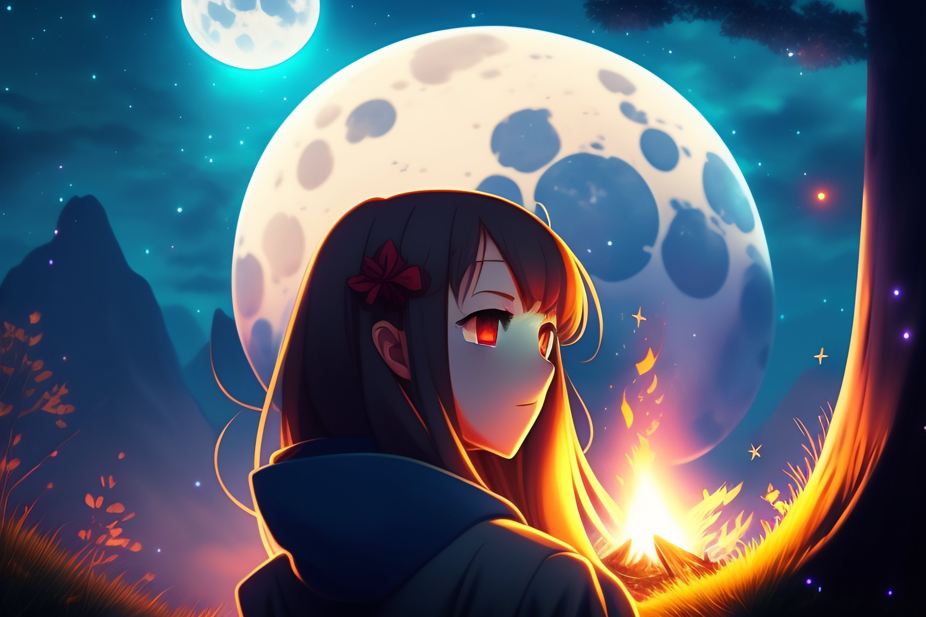 Lexica - Anime, girl, campfire, night, full moon, siting, face