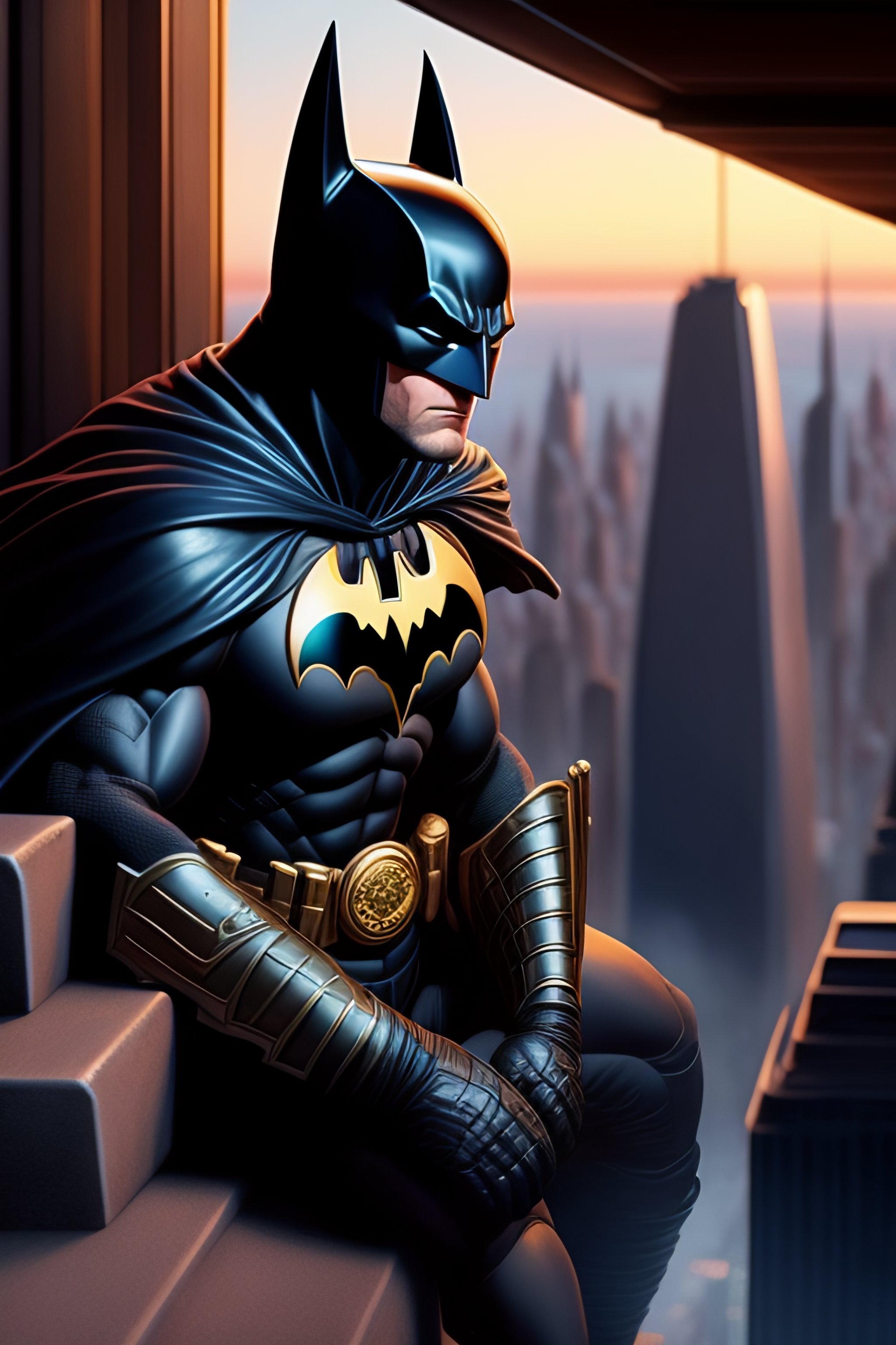 Lexica - Tom hanks batman sitting on a roof looking down at a city below,  extremely detailed