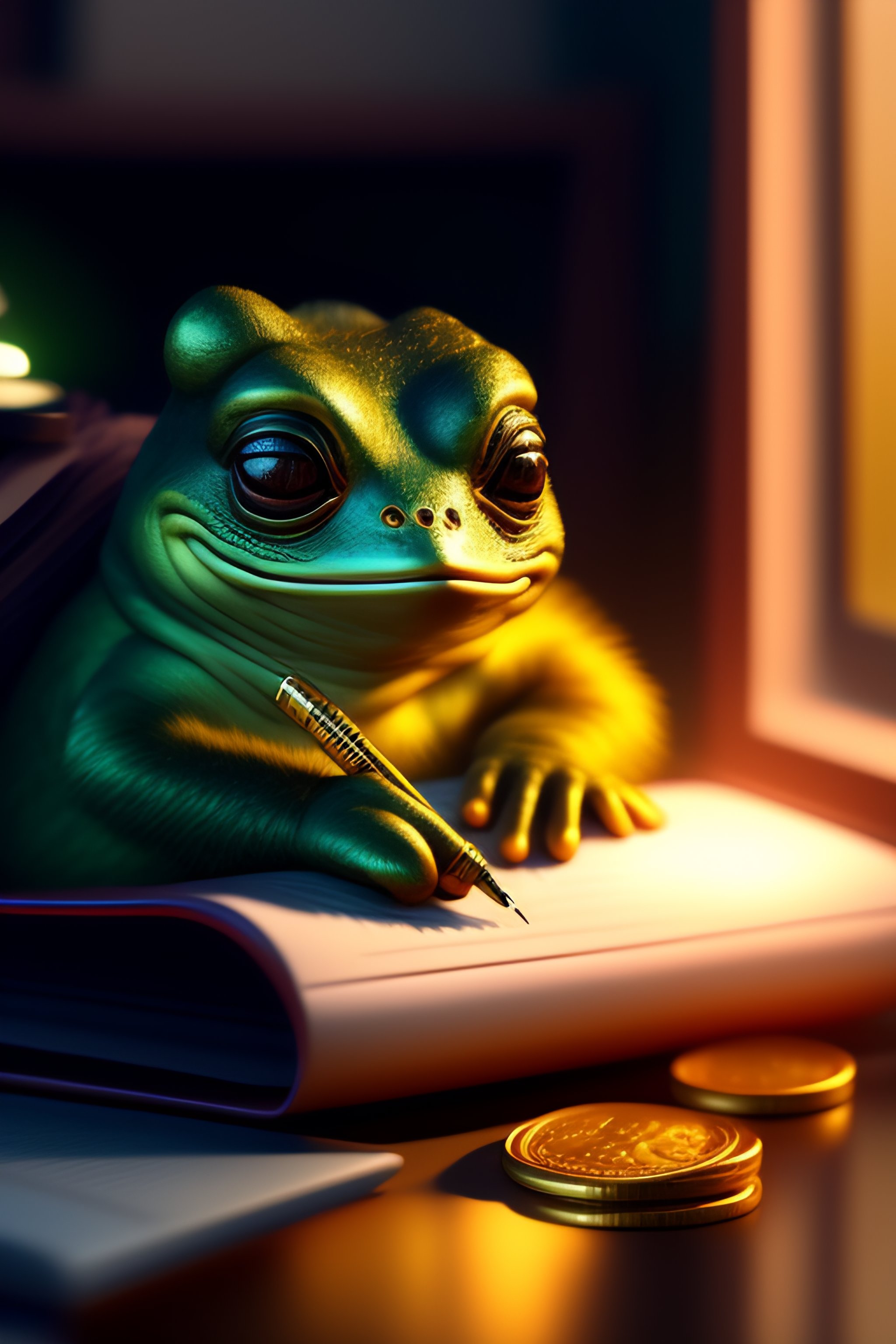 Lexica - An exhausted pepe the frog commiting tax fraud, paperwork ...