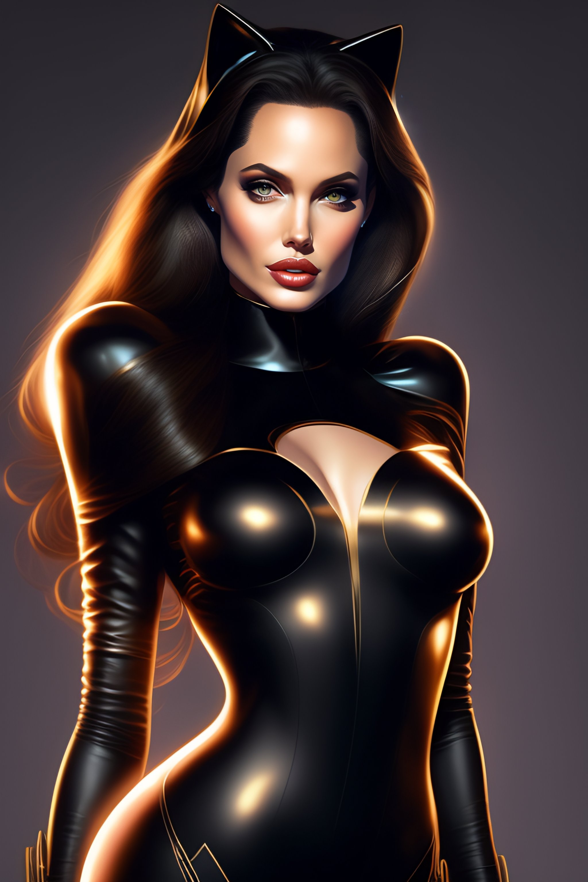 Lexica - Young Angelina Jolie as the cat woman, DC Comic characte, elegant,  glowing lights, waist to top, hights detailed, digital painting, artstati...