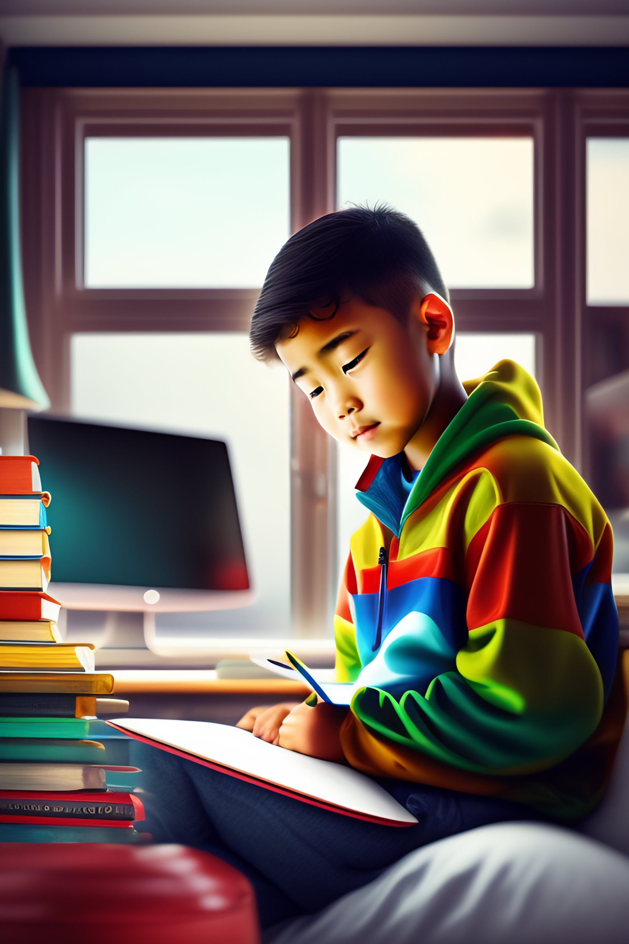 Lexica - Illustration of a boy studying on the computer in a messy room