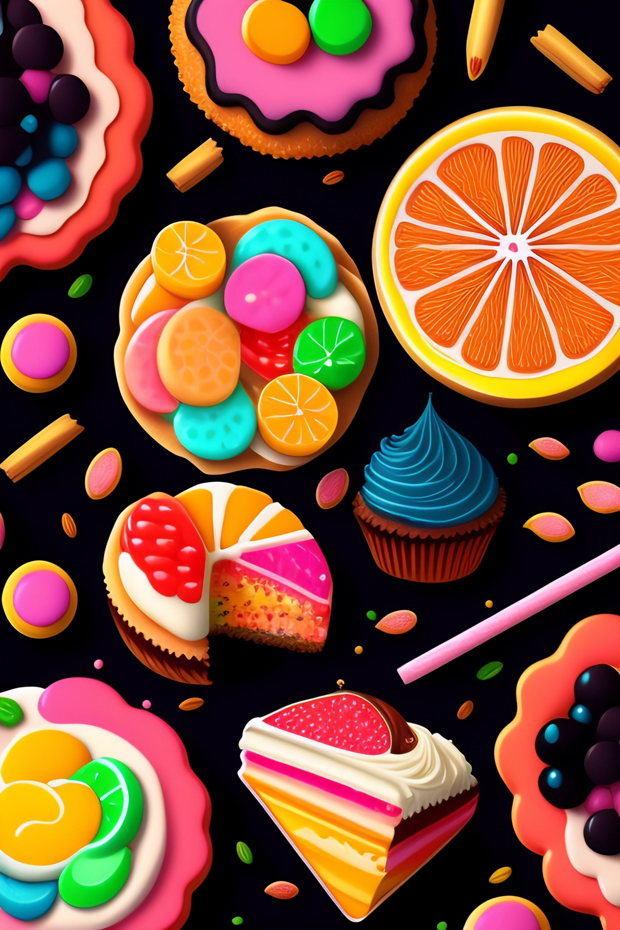 Lexica - Colorful, kawaii sweets food on pale black paper, very ...