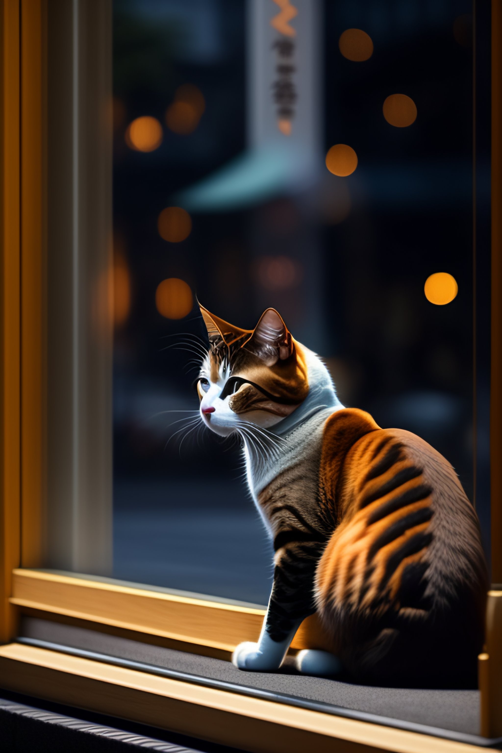 Lexica Meowing cat front of a shop window sit in tokyo.