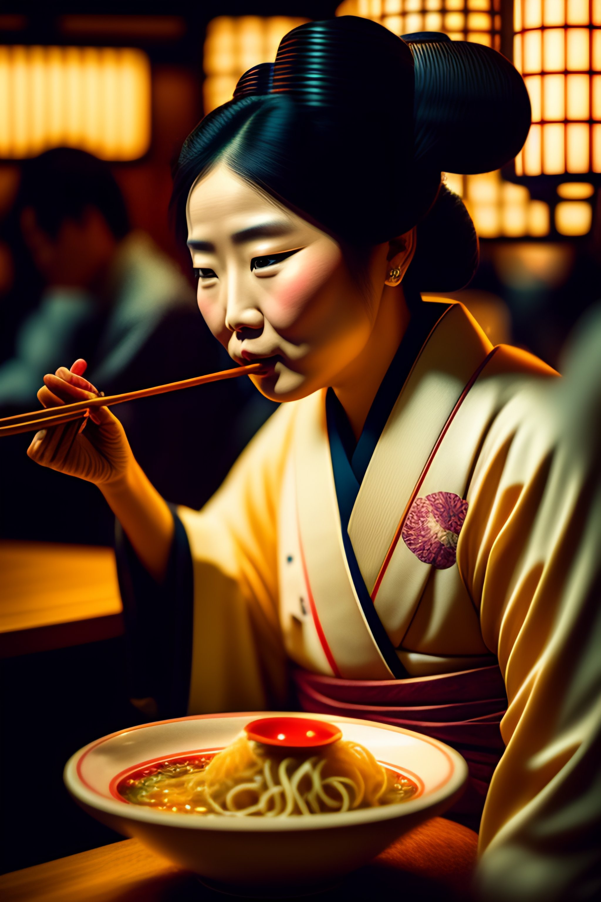 Lexica - A delicate geisha eating noodles at a cozy kyoto izakaya