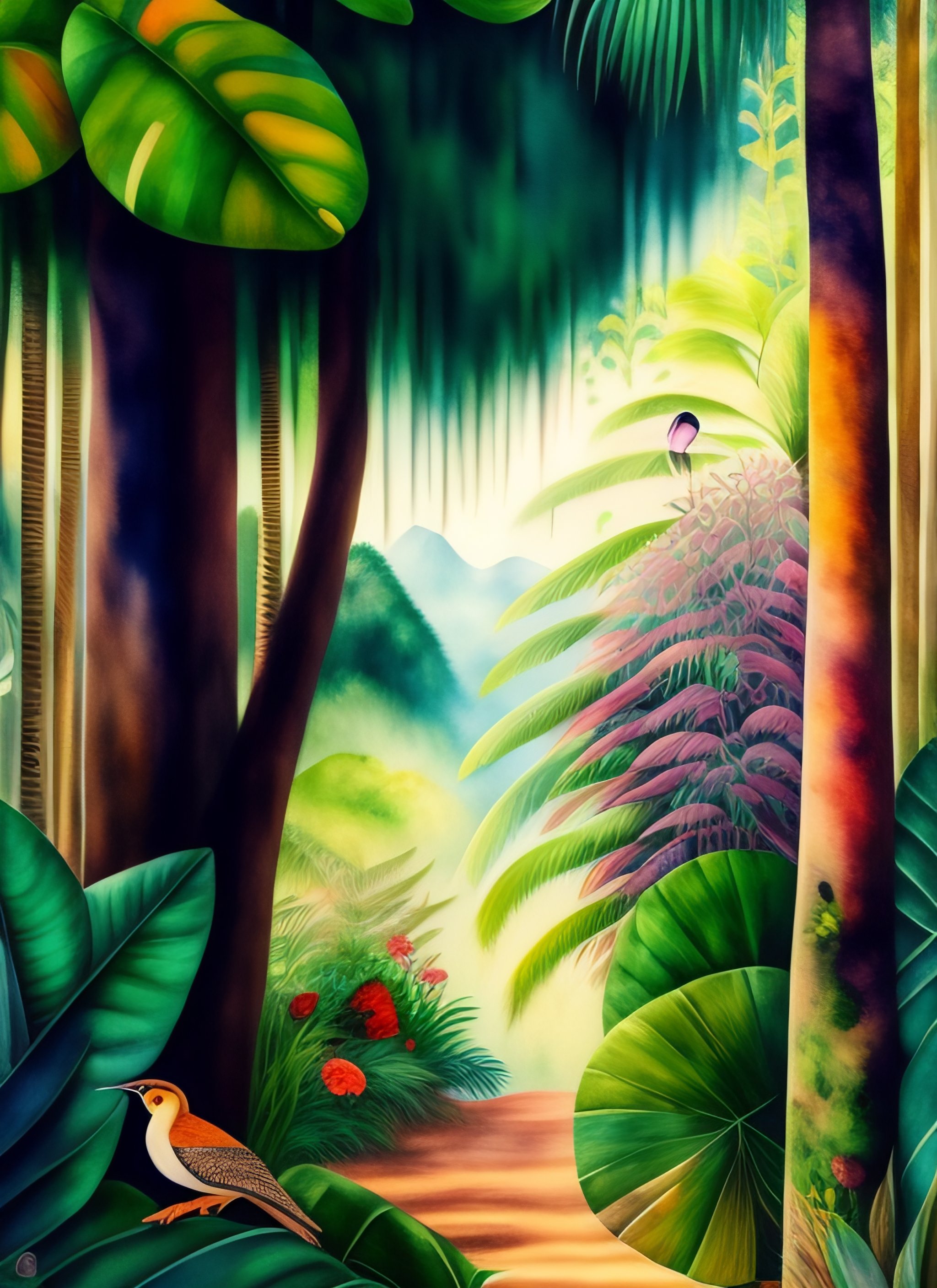 Lexica - Highly detailed watercolor painting of tropical forest with ...