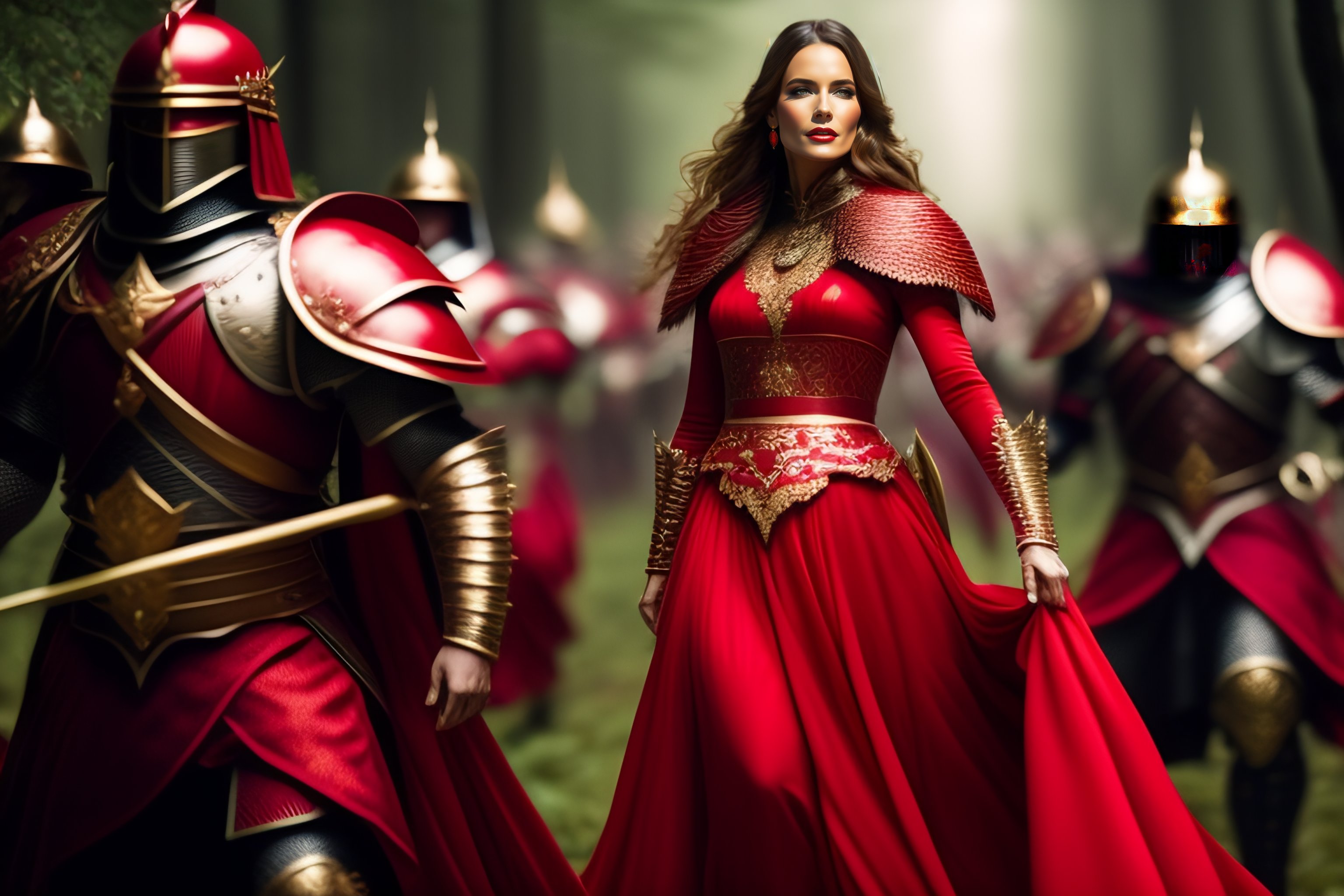 Lexica - Lady In Red Dress Dancing In Forest, Surrounded By Armored ...