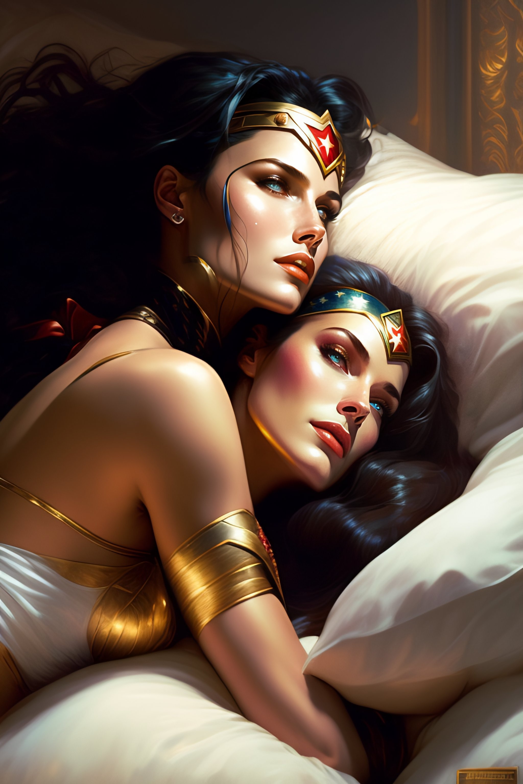 Lexica - Wonder woman laying on bed with over harley quinn and holding her  tight art by greg rutkowski and alphonse mucha