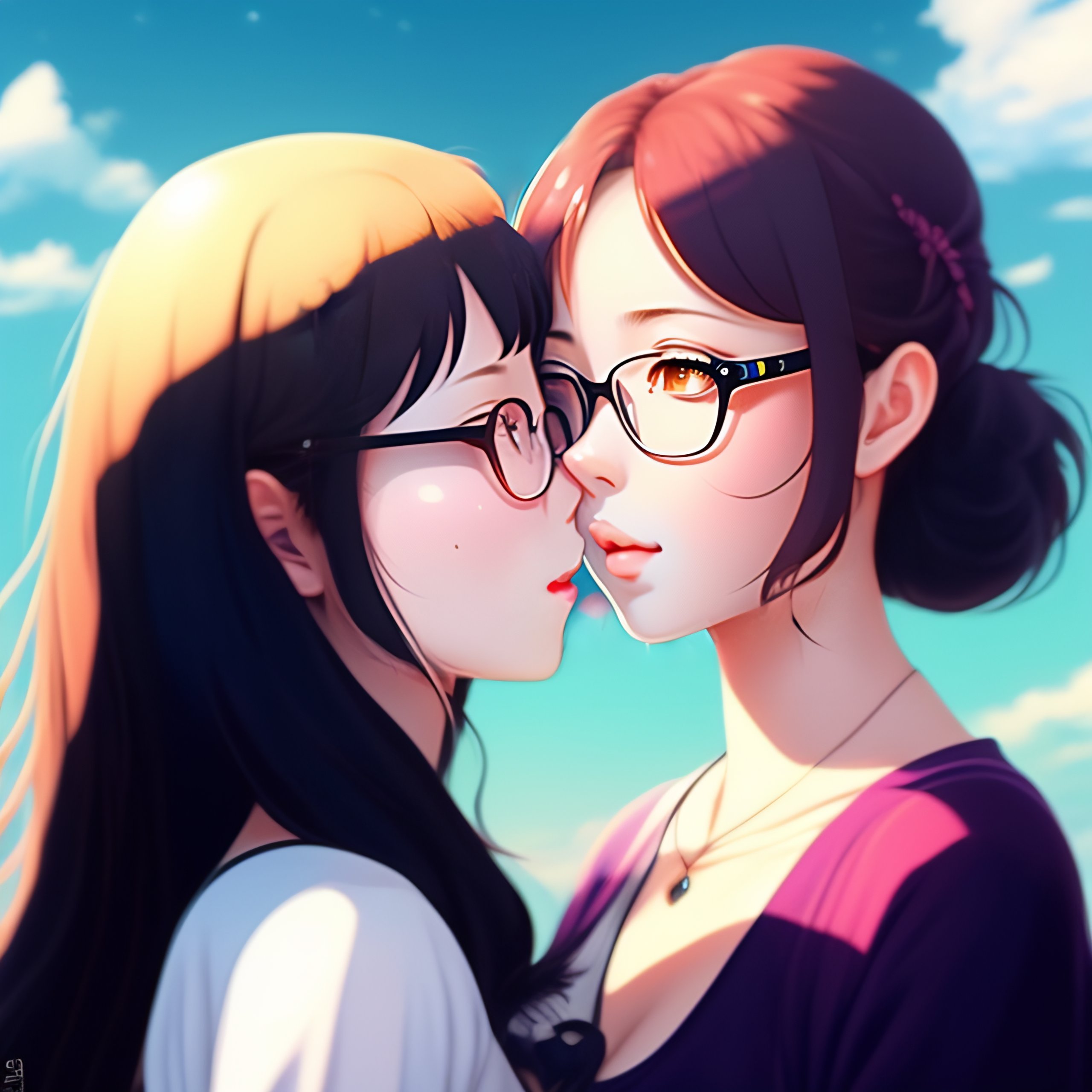 Lexica - Girl with glasses kissing her girlfriend, ghibli, anime style