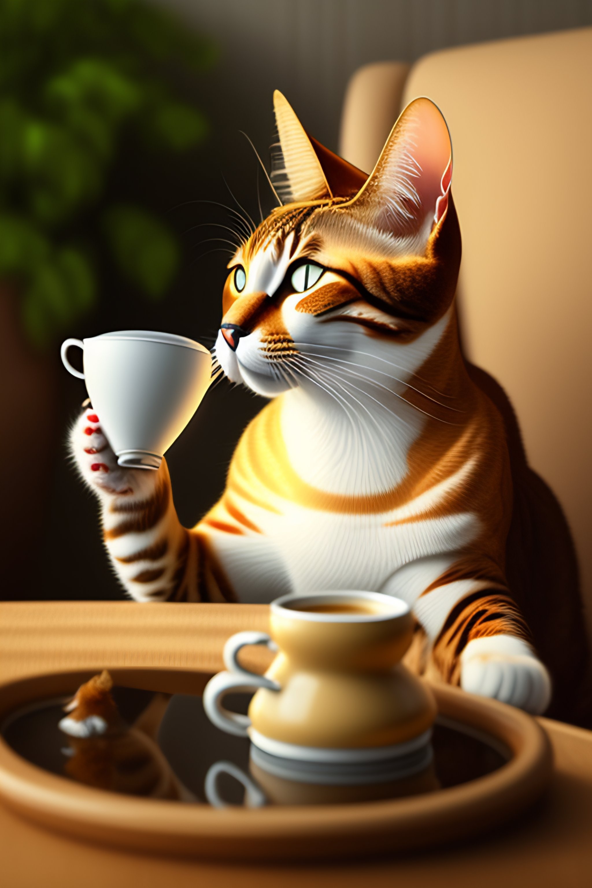 Lexica An anthropomorphic cat drink tea, natural