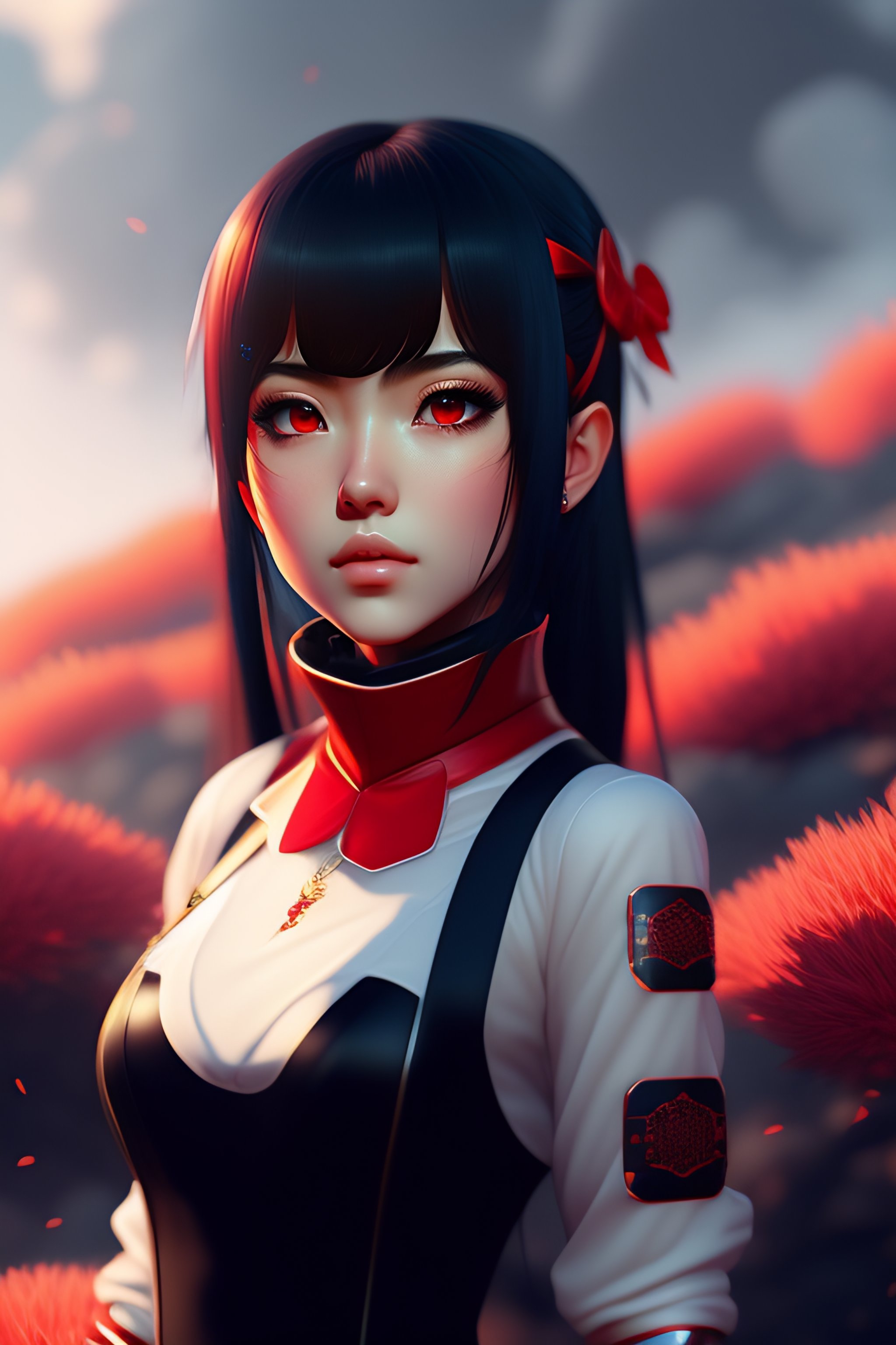 Lexica - Cute anime girl with red eyes black hair wearing black-red outfit  costume, black hair, black leather choker, in the beautiful landscape,  pho