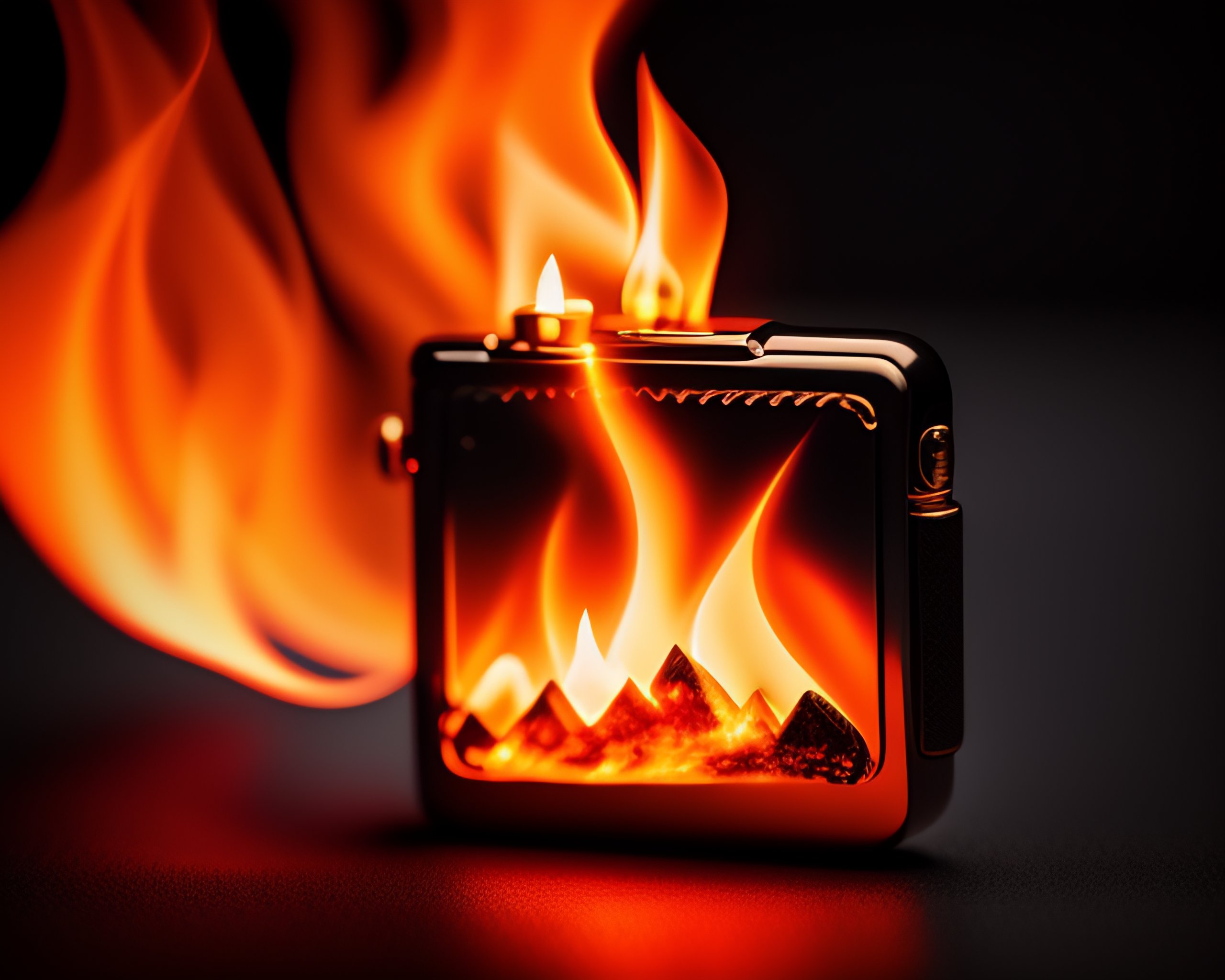 Lexica An album art cover photo of a lighter that is lit with fire