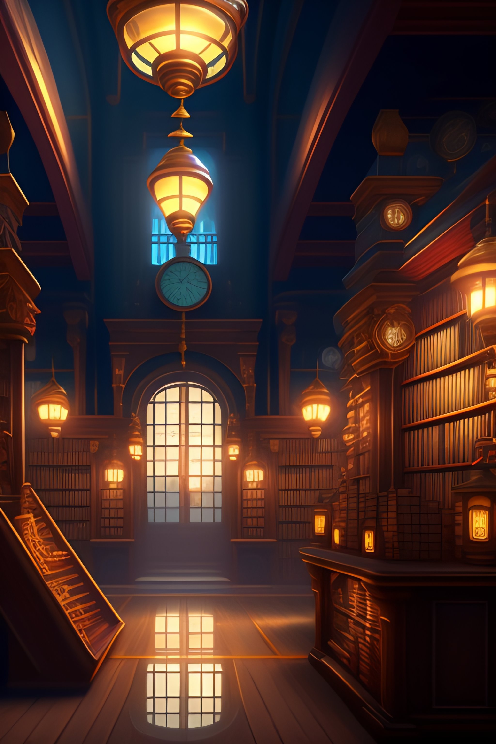 Lexica - Digital illustration of a steampunk library, Cluttered, full