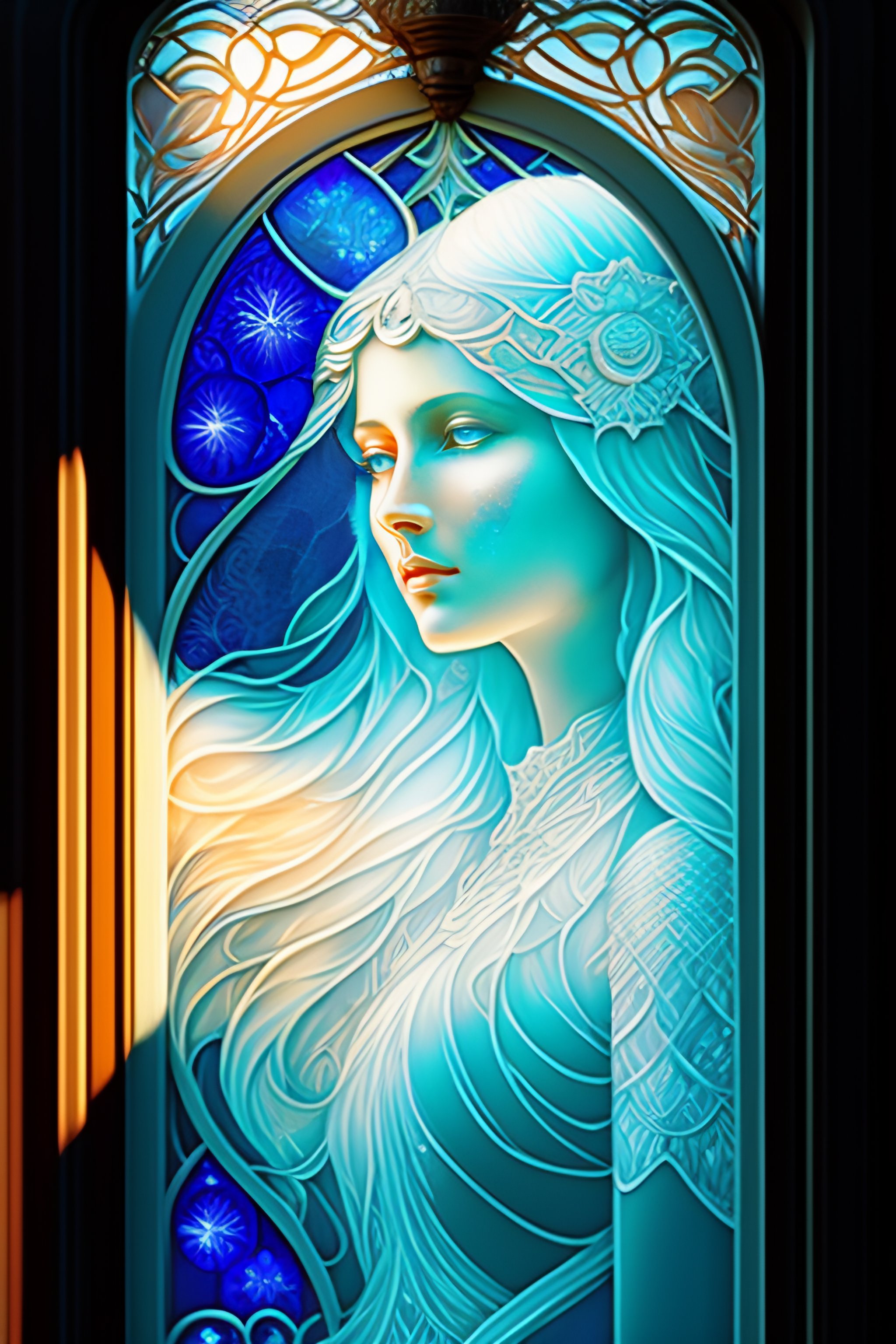 Lexica Etched frosted glass window depicting a woman, by Alphonse