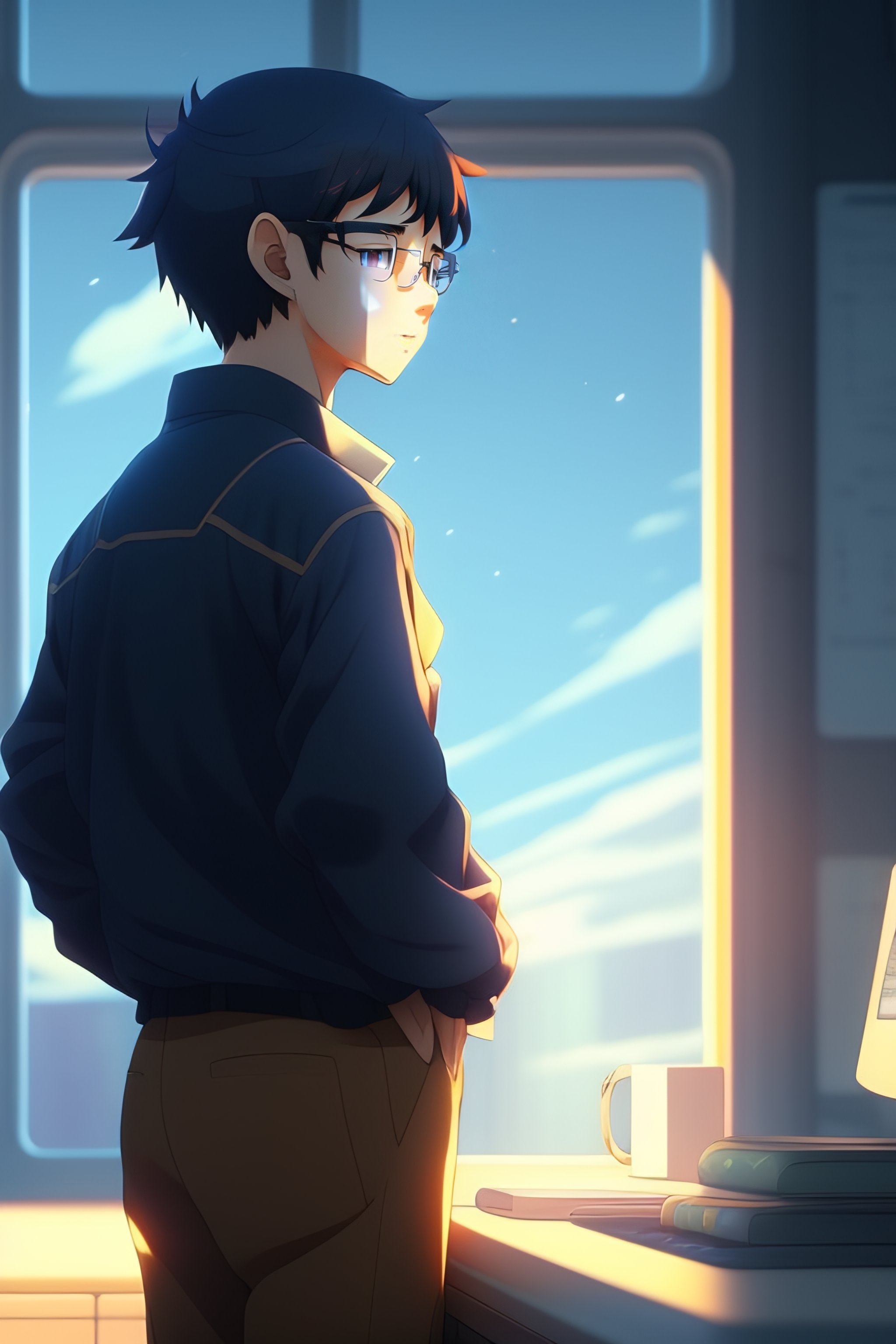 Lexica - A nerdy anime boy is problem solving alone thinking about problems  looking for solutions, in the office, worrying, by makoto shinkai and ghi...