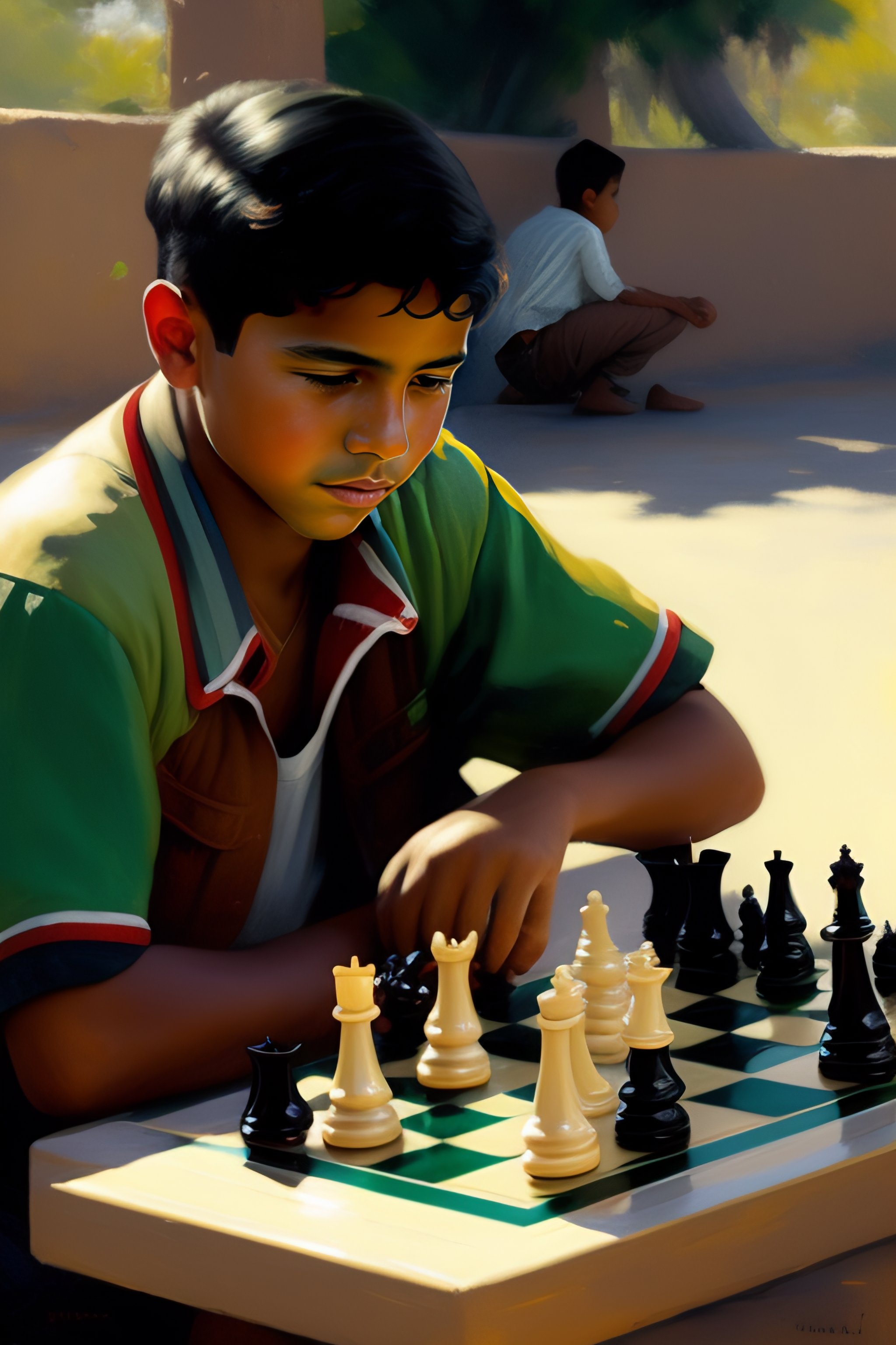 Lexica Portrait of Mexican youth wearing dingy clothing playing chess, detailed by greg