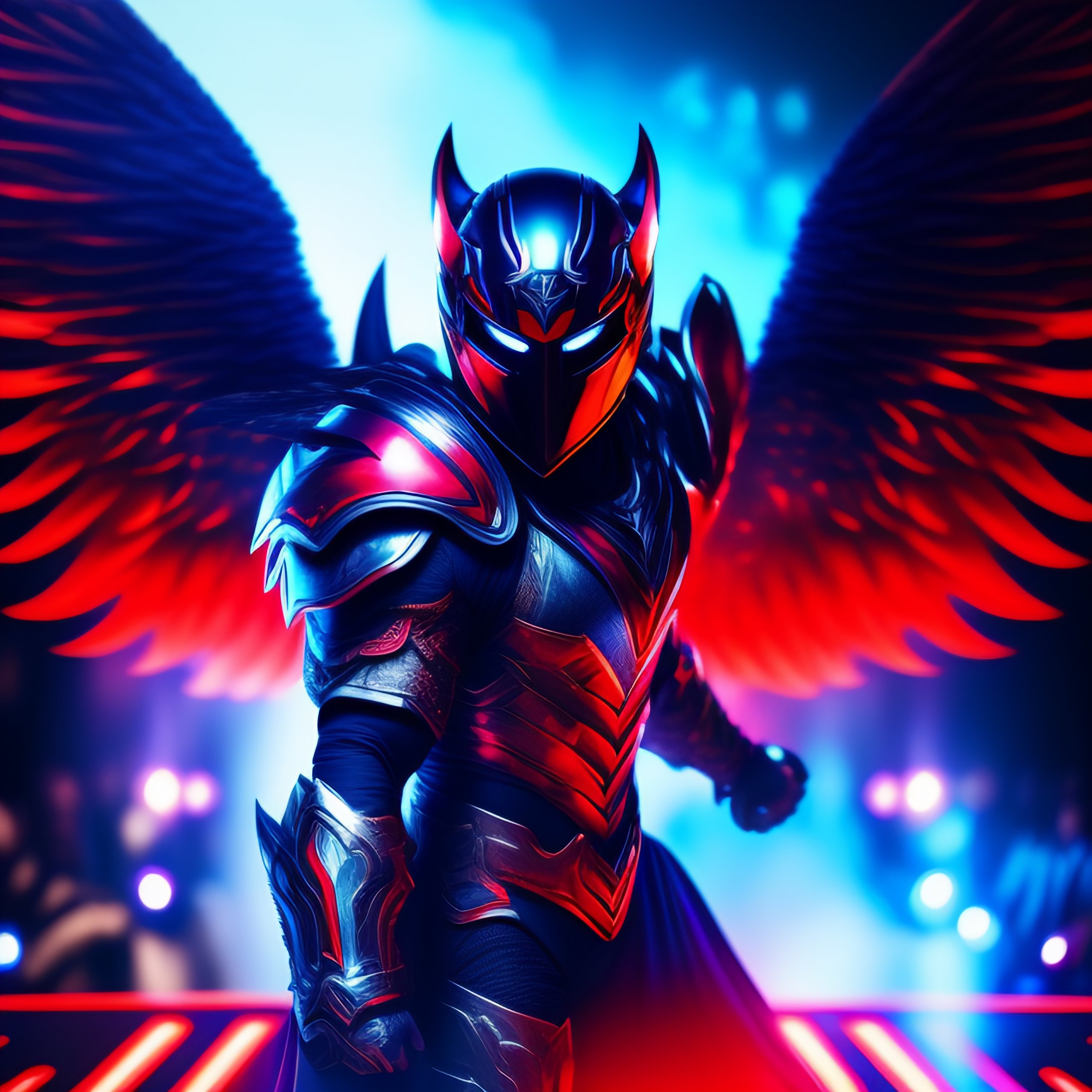 Lexica Devil ninja warrior with wings, wearing platinum armor and