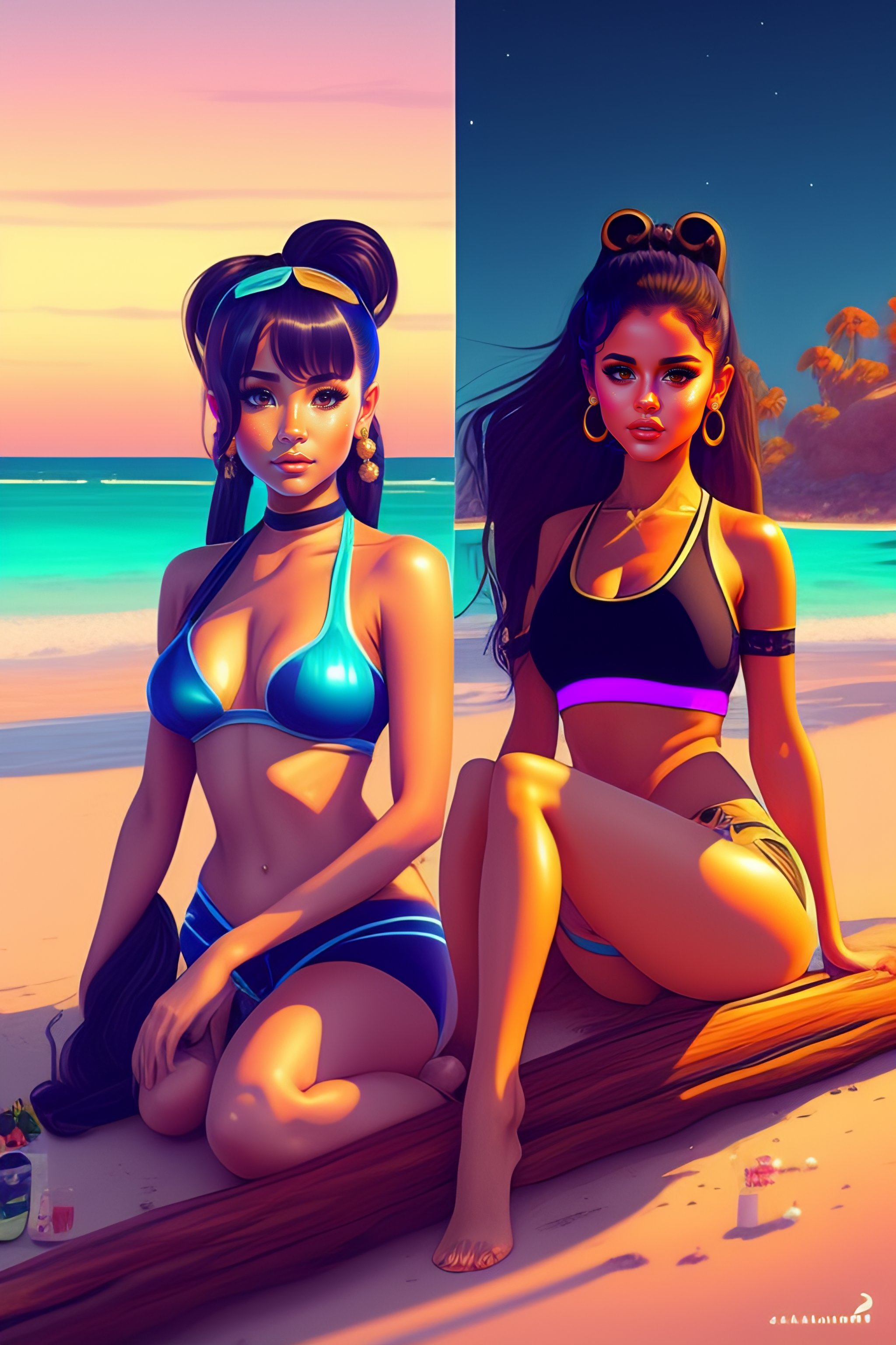 Lexica - Full body Ariana Grande and Selena Gomez cute expression Girls  sitting with a micro piece of bikini in a night beach, hyper detailed  paintin...