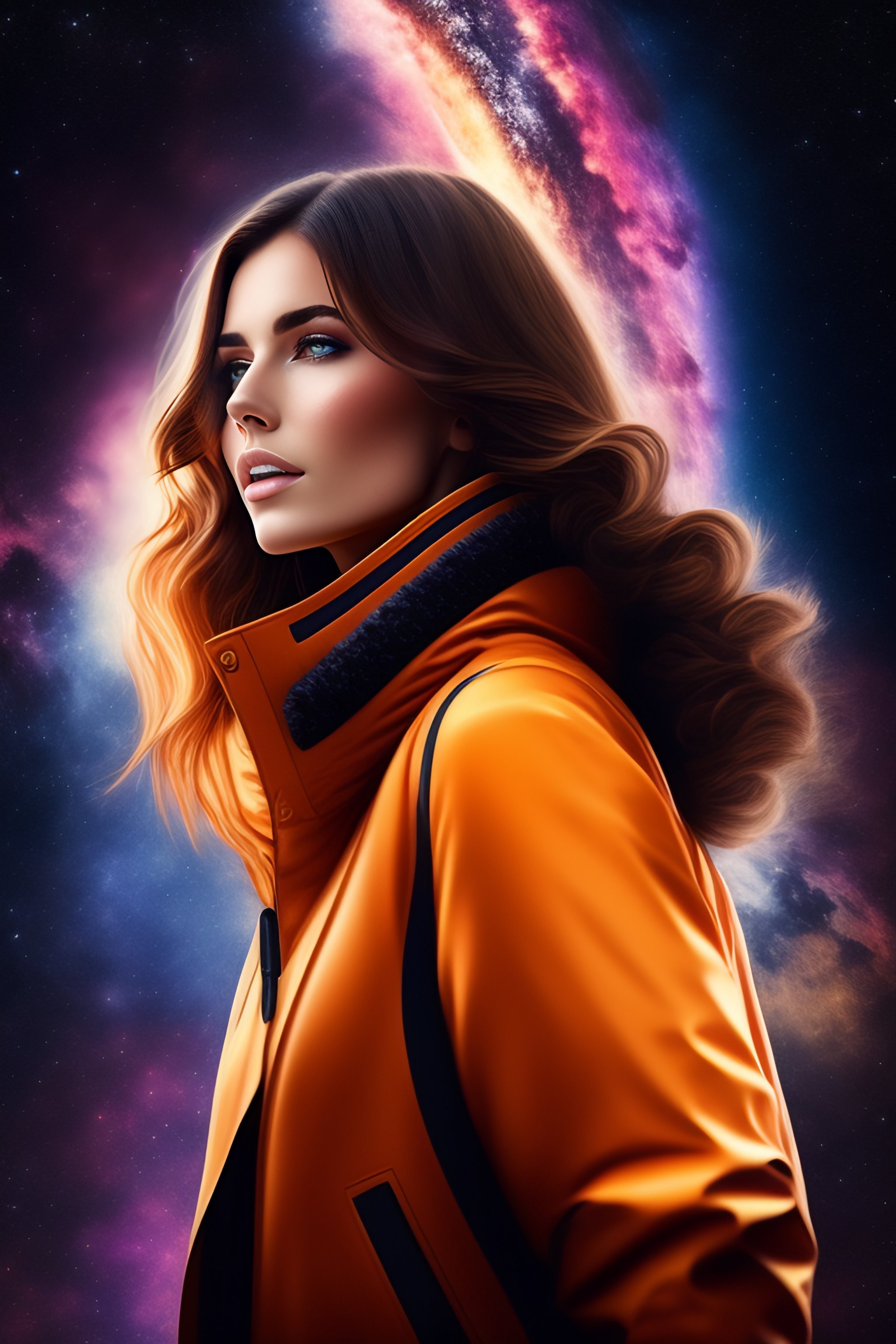 Lexica - Brown haired girl walking in a galaxy