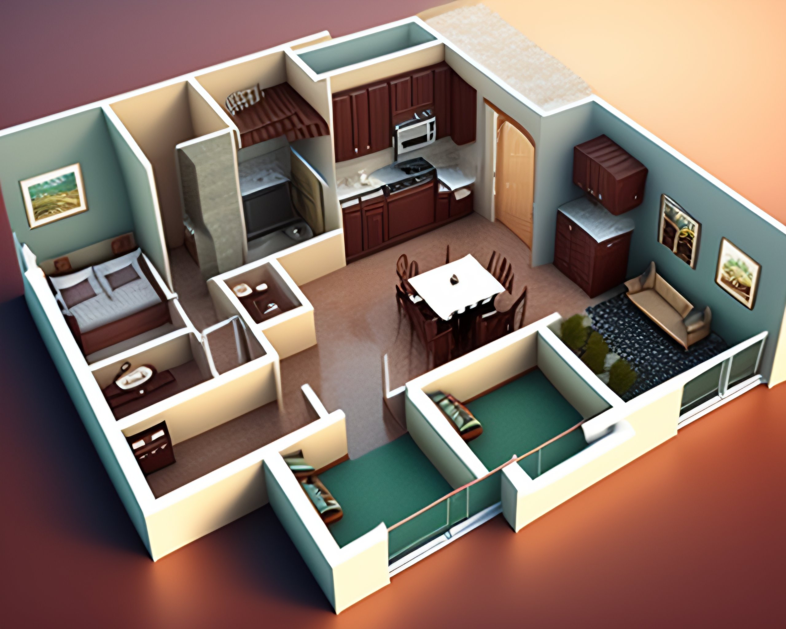 Simple House Plan With 2 Bedrooms 3d