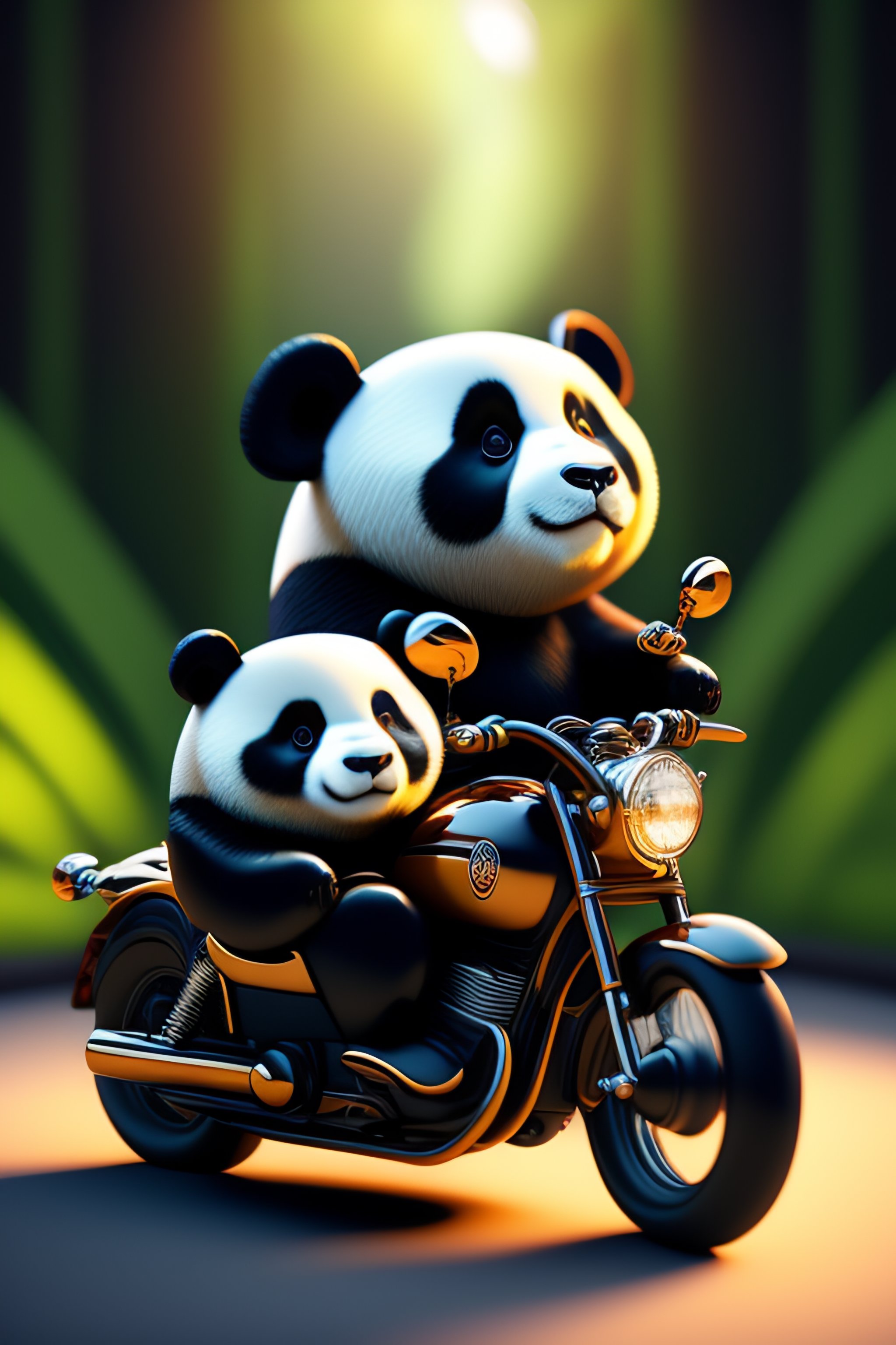 Lexica - Baby boy panda bear ride motorcycle in the thick bamboo forest ...