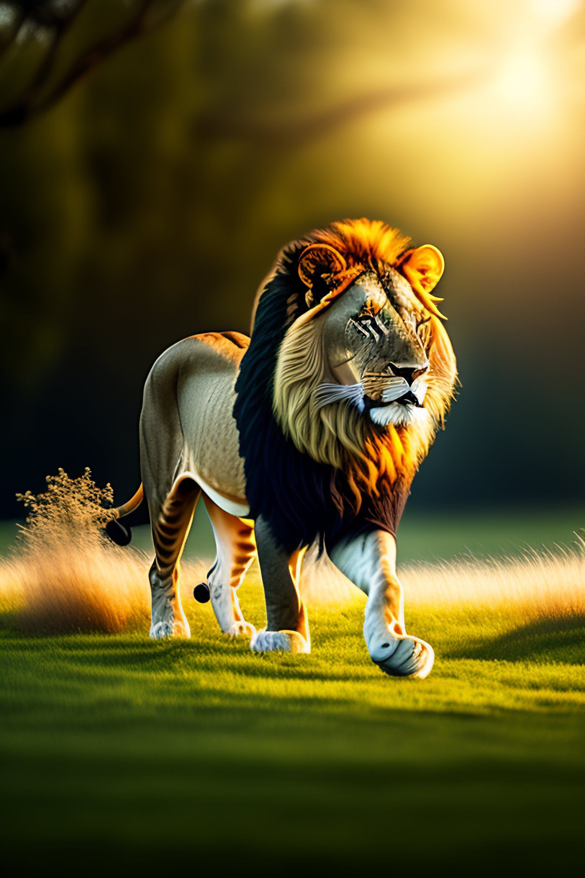 Lexica - Lion chasing a rabbit in grass vegetation with some trees in ...