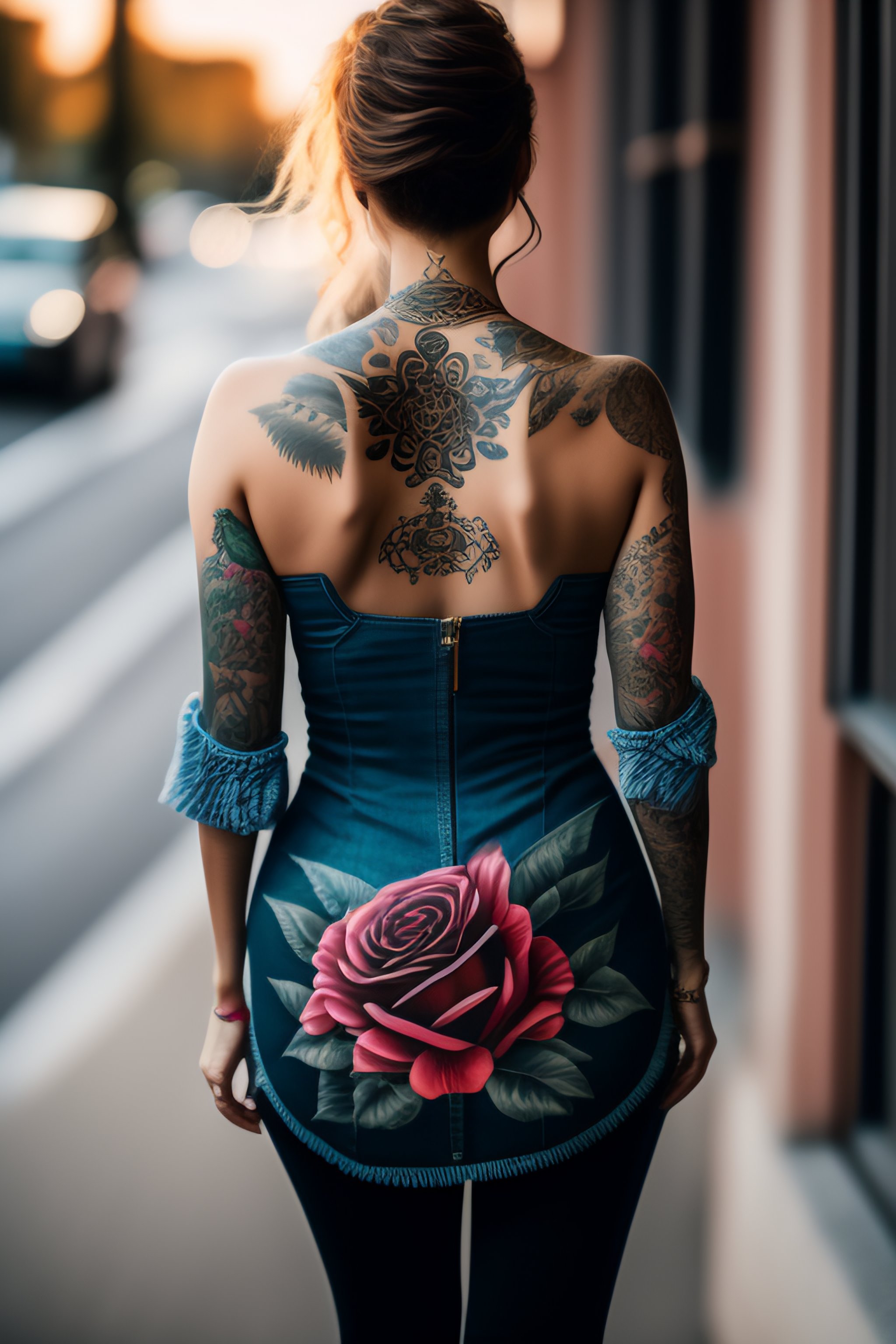 Lexica Beautiful Clothed Girl Seen From The Back Street Photography Naughty Rose Tattoo 