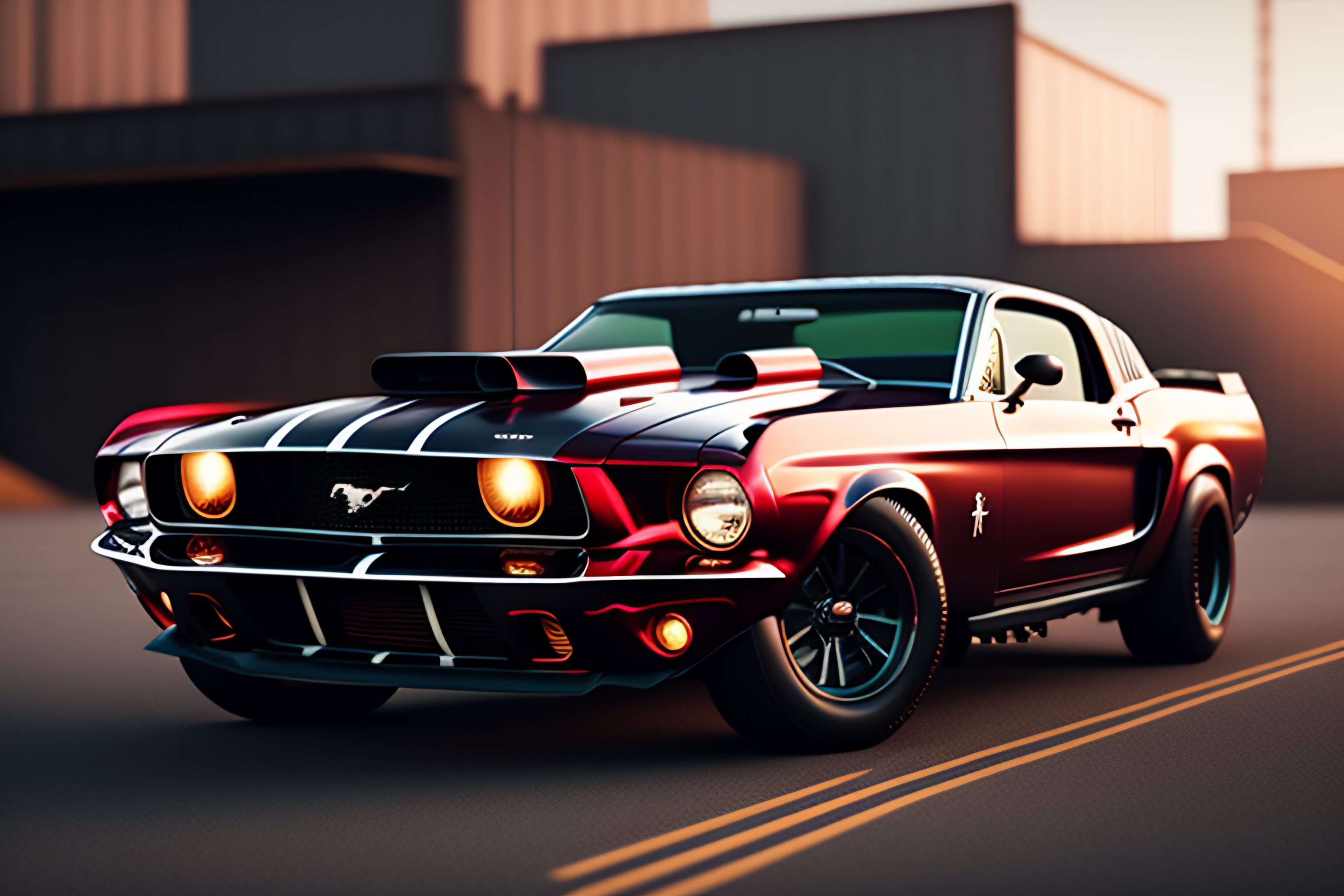 Lexica - Mechanized garrage, ford mustang, hummer, neorealist art room ...