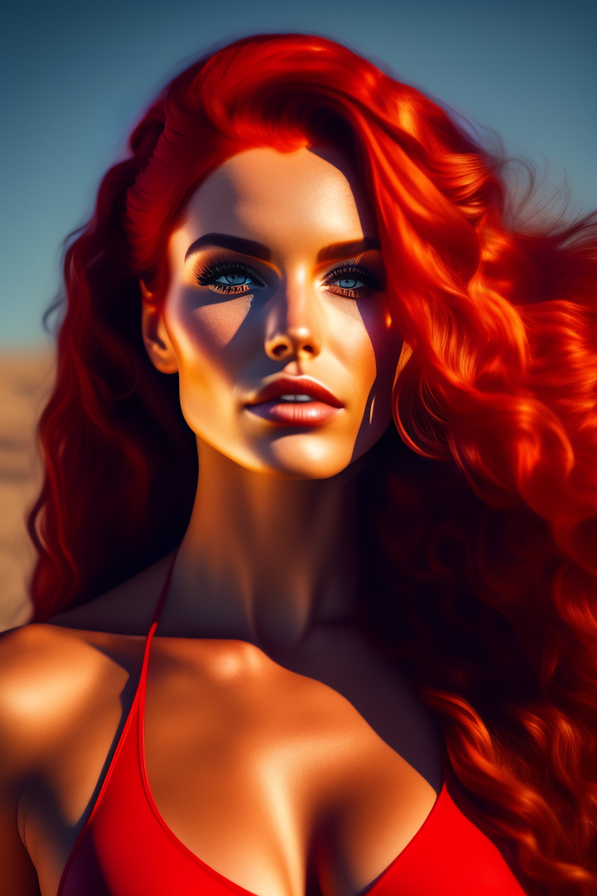 Lexica - Red haired, bikini model, hyper realistic, epic lighting, 4k,  female, full body, gold bikini, night time, blue bounce light, braided hair,  d...