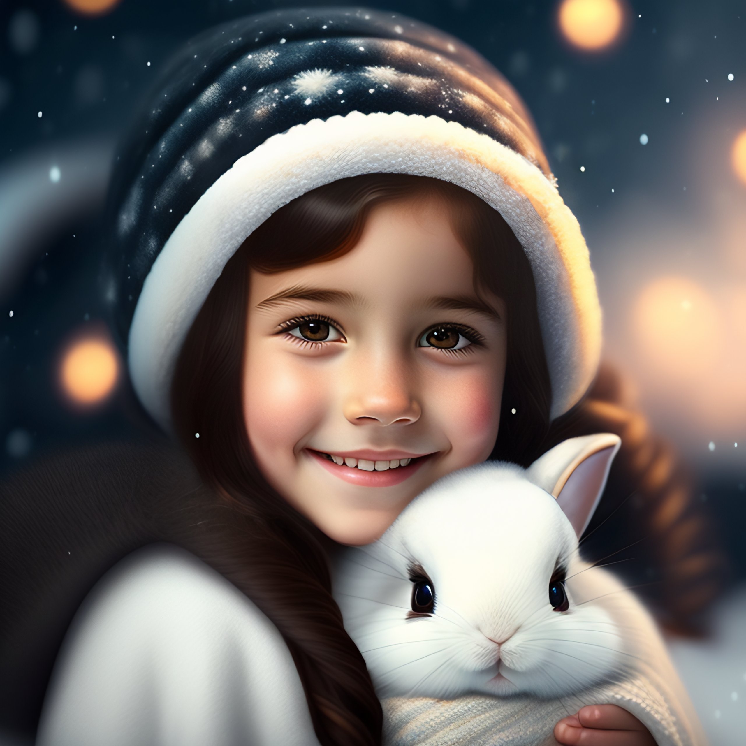 Lexica - Happy little girl with winter sleepy cute rabbit, black hair