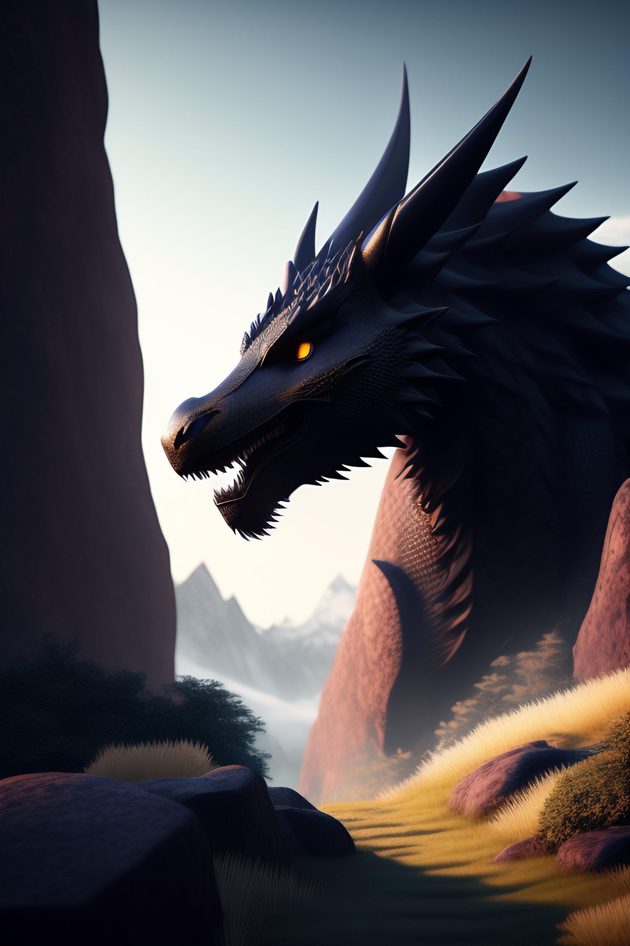 Lexica - A black dragon in the mountains, soft light, sharp focus ...