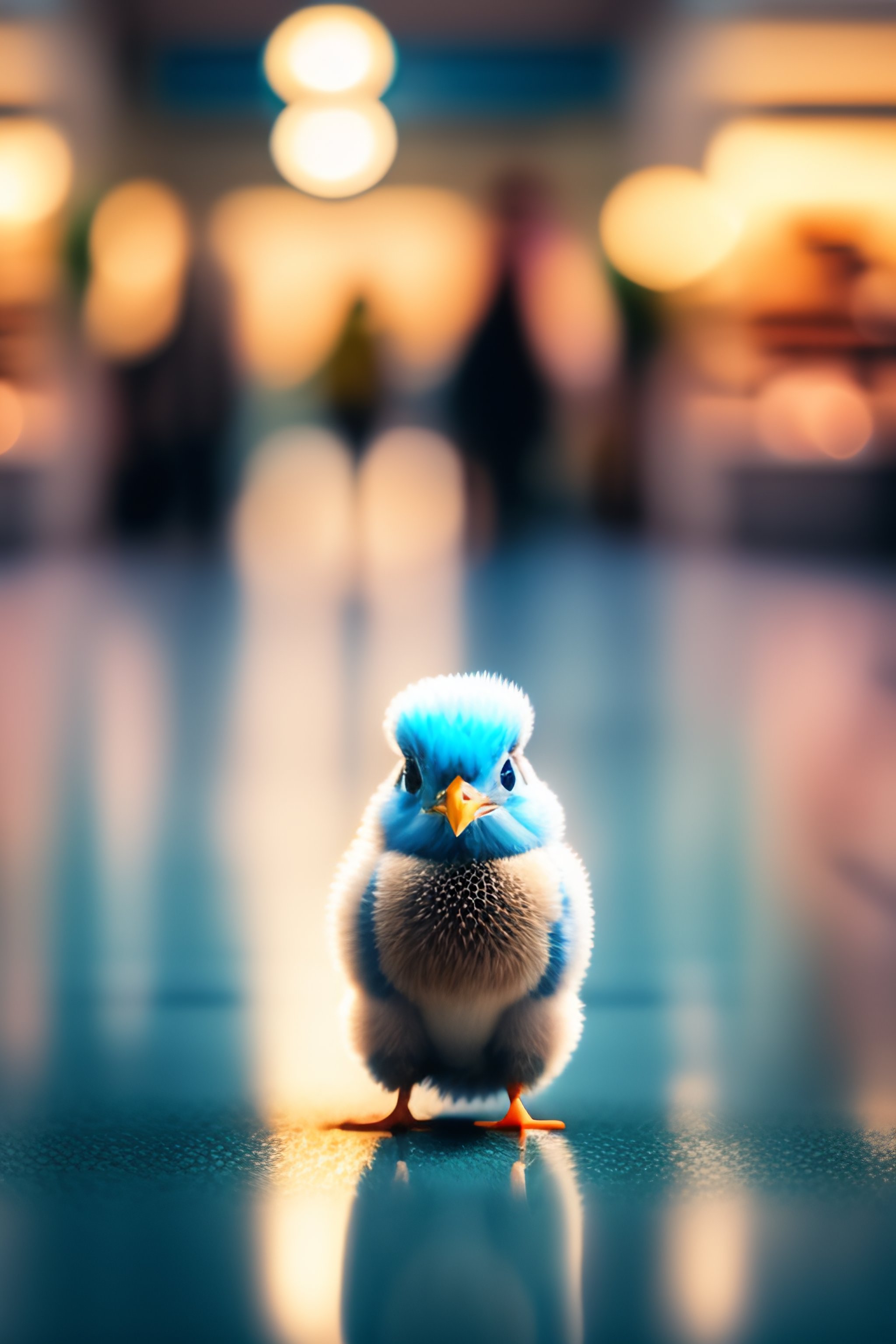 Lexica - A small light blue chick animal walking through a mall aisle ...