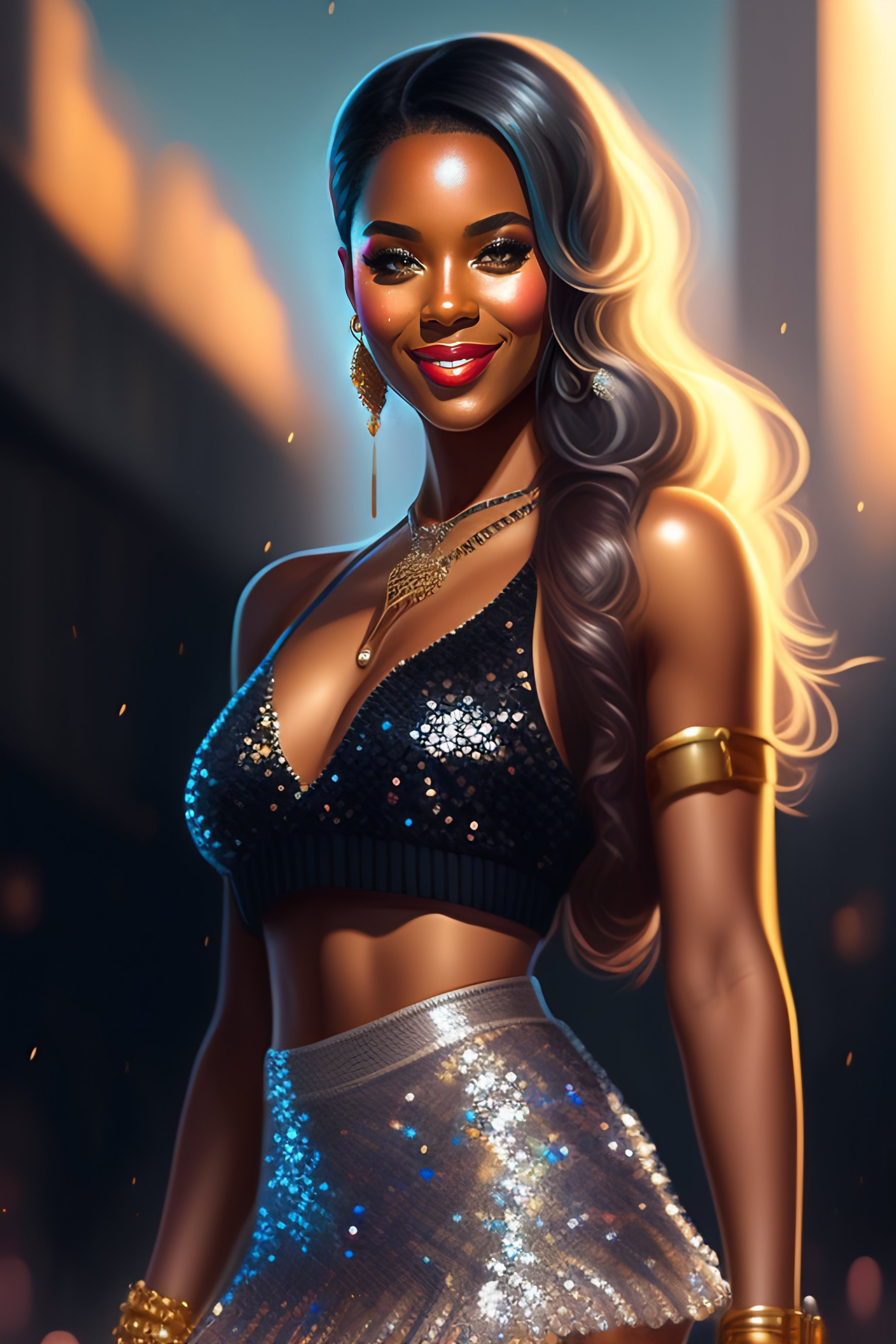Lexica - Black woman, in a very short skirt, in a bra, long