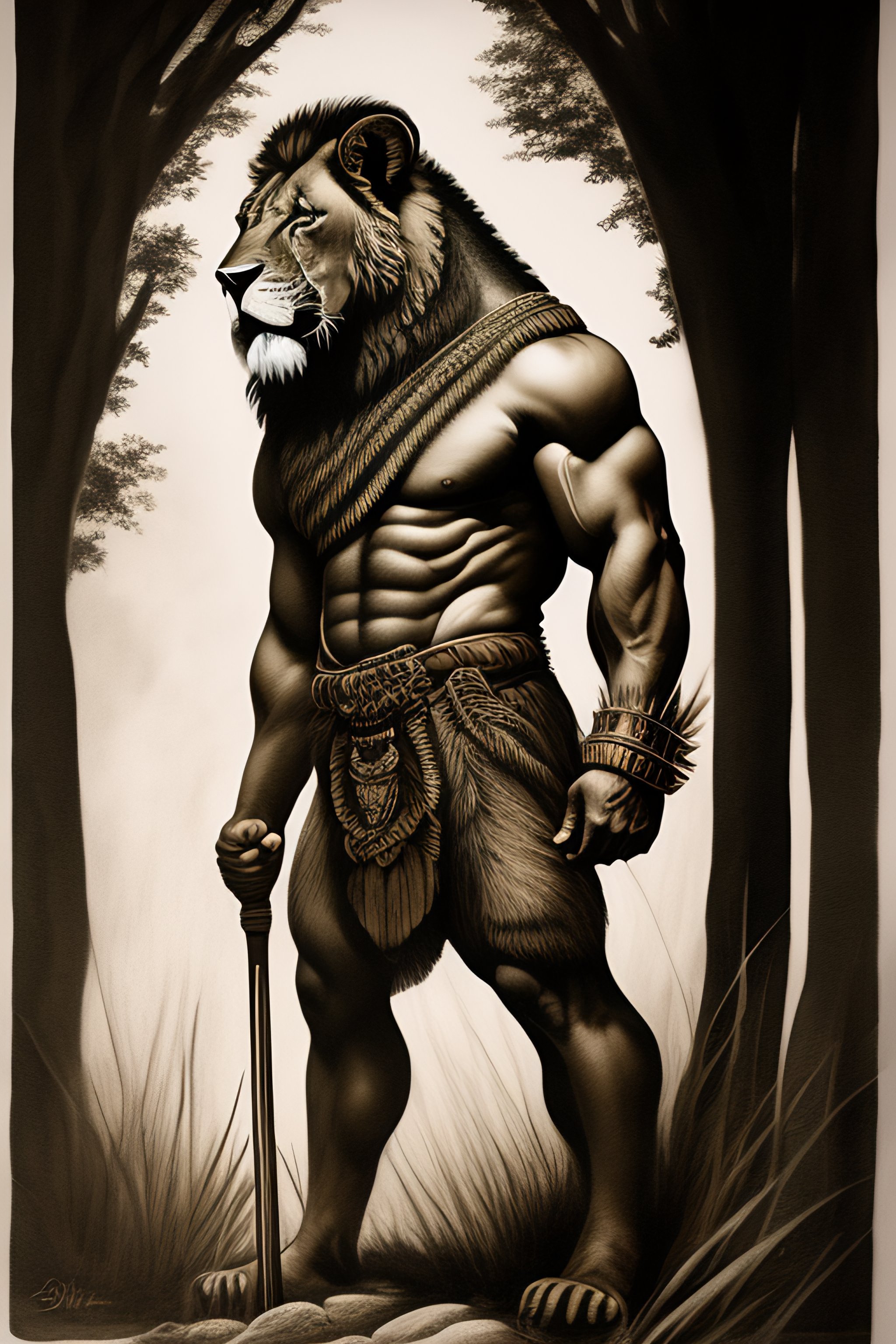 Lexica - A ink drawing full body of an anthromorphic lionman. holding a ...