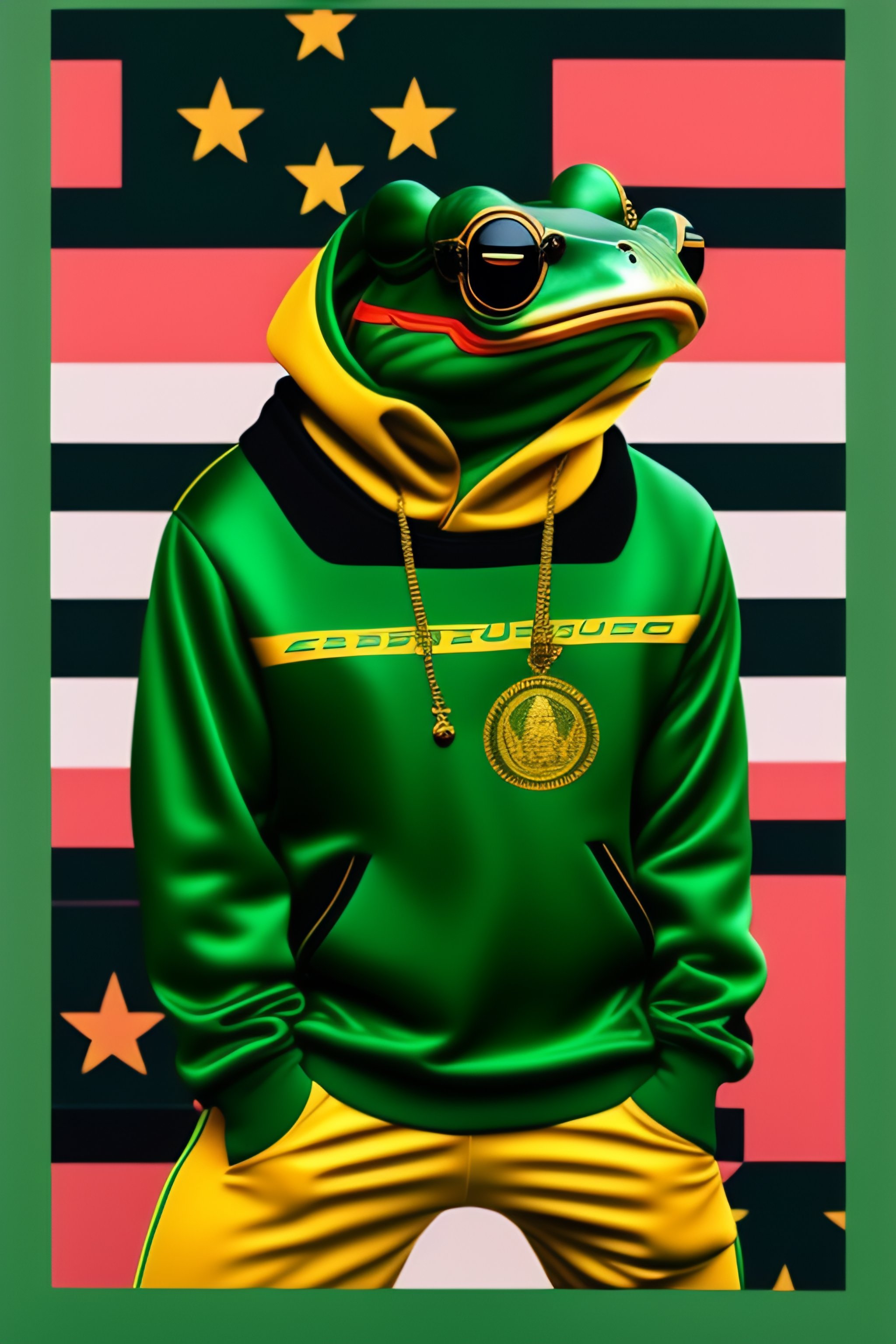 Lexica Frog pepe dress a supreme tracksuit and gold chain and