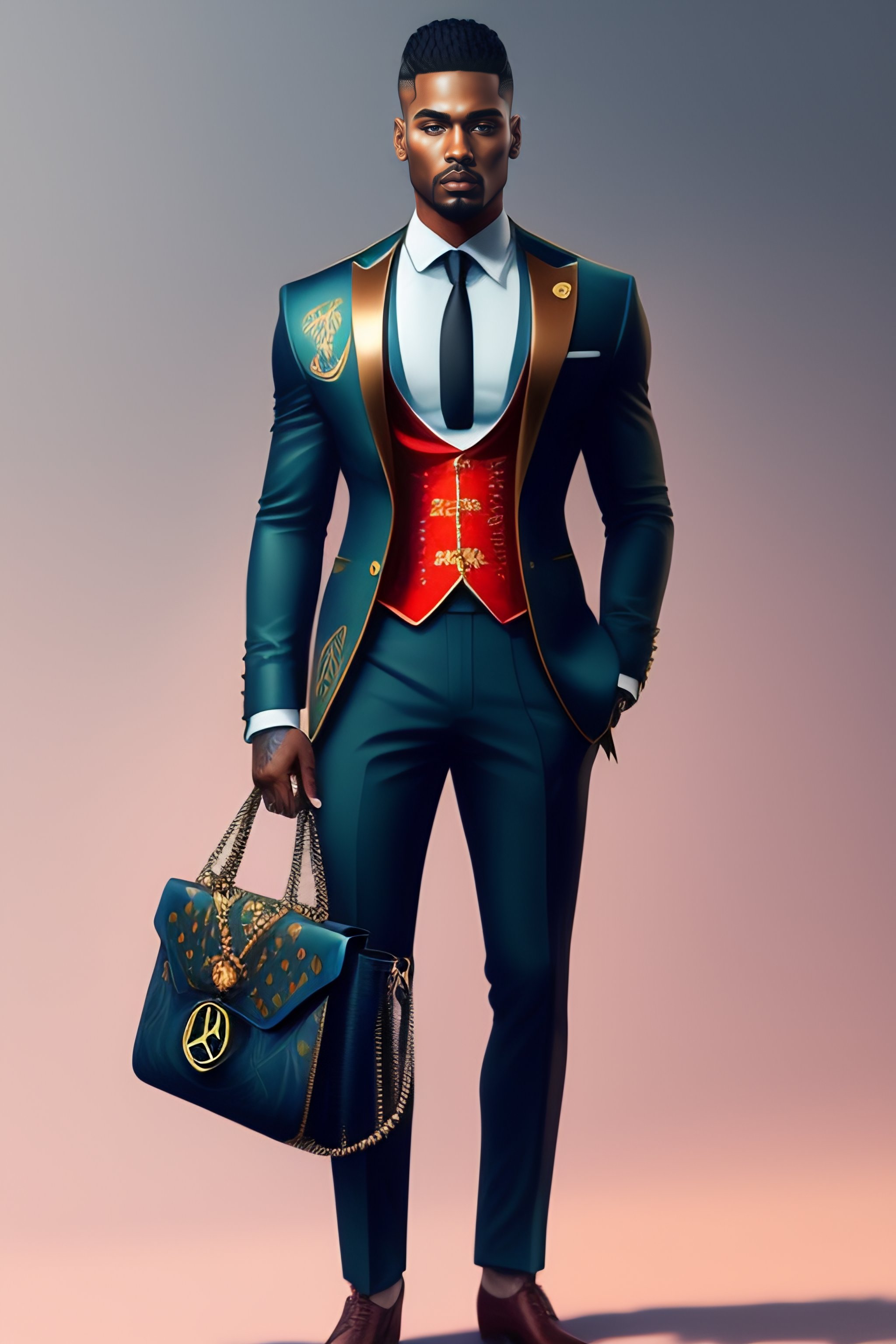 Lexica - A man with haute couture LV three piece suit, LV bag, mercedes key  chain laying on a beg character concept design, painting, detailed, vivid