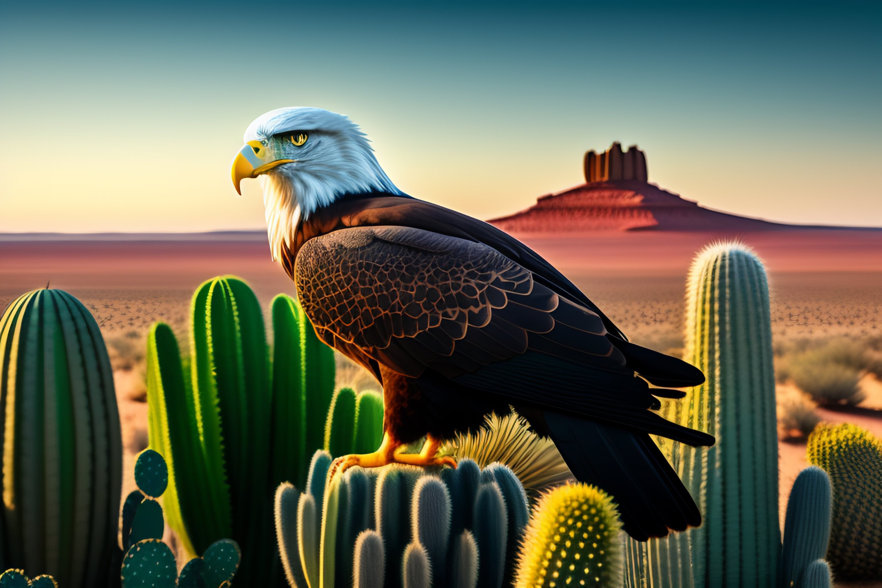 Lexica - Eagle sitting on a cactus