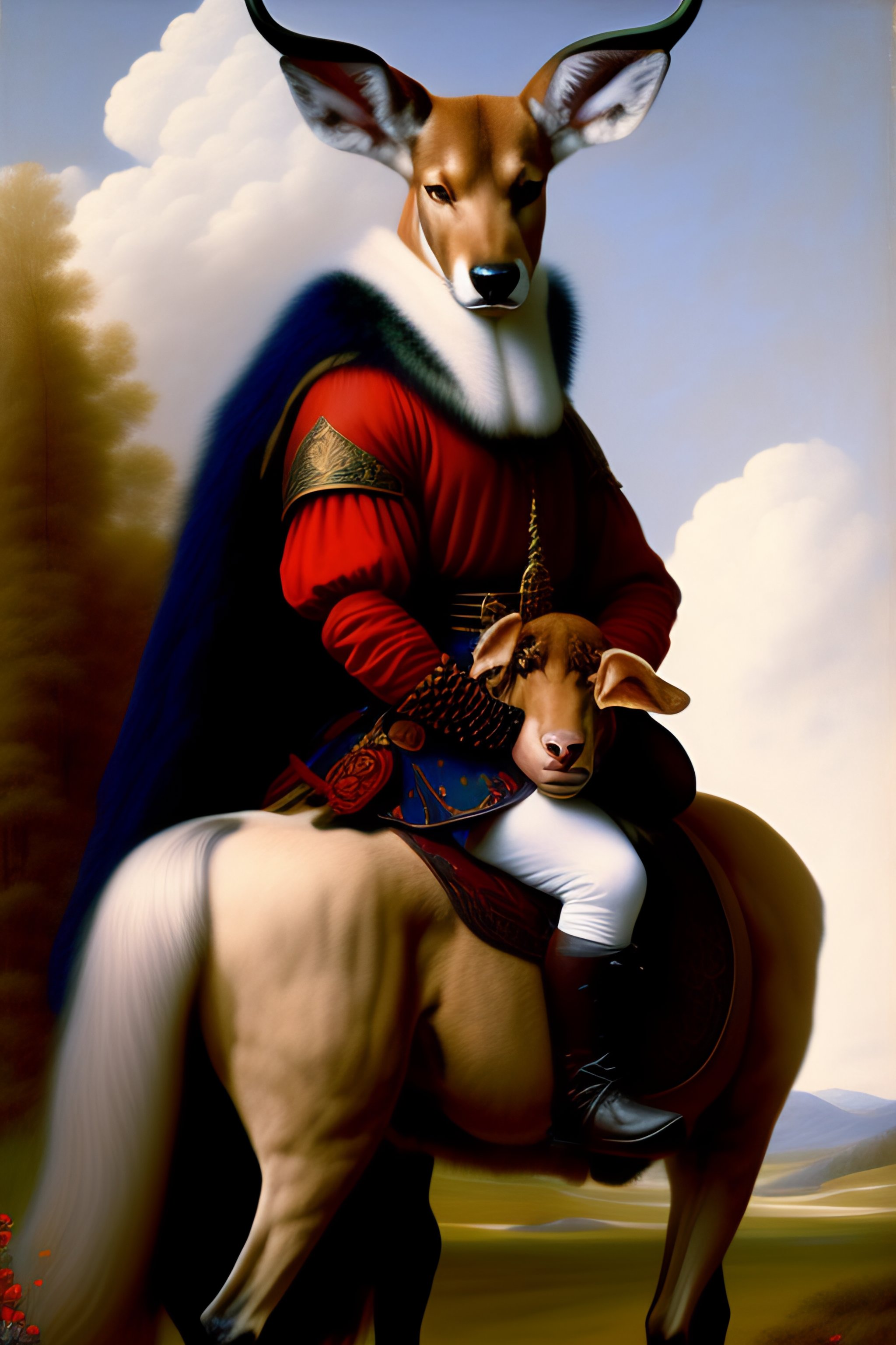 Lexica - A young oni riding a Scottish Deerhound, oni mask, deer horns ...