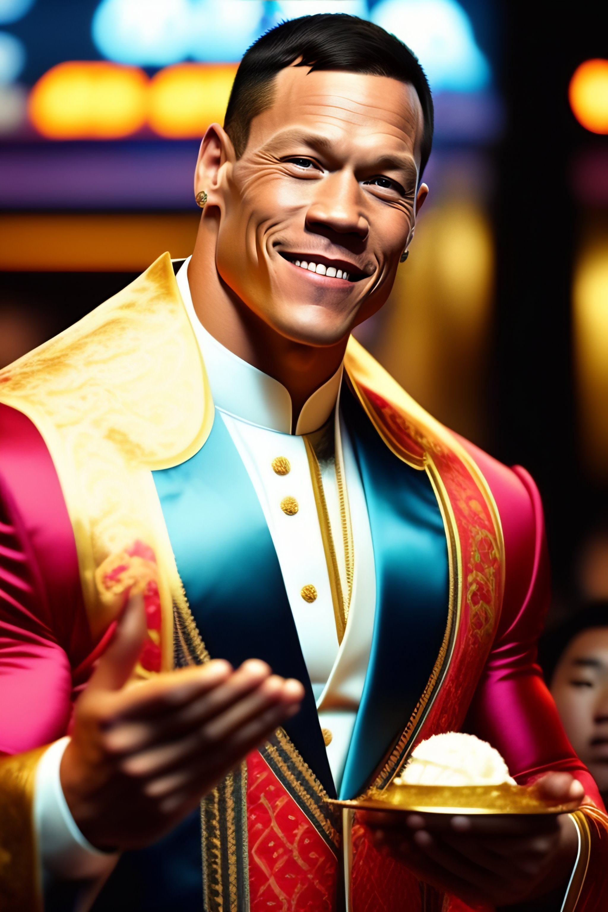 Lexica John cena wearing a chinese traditional suit while holds an