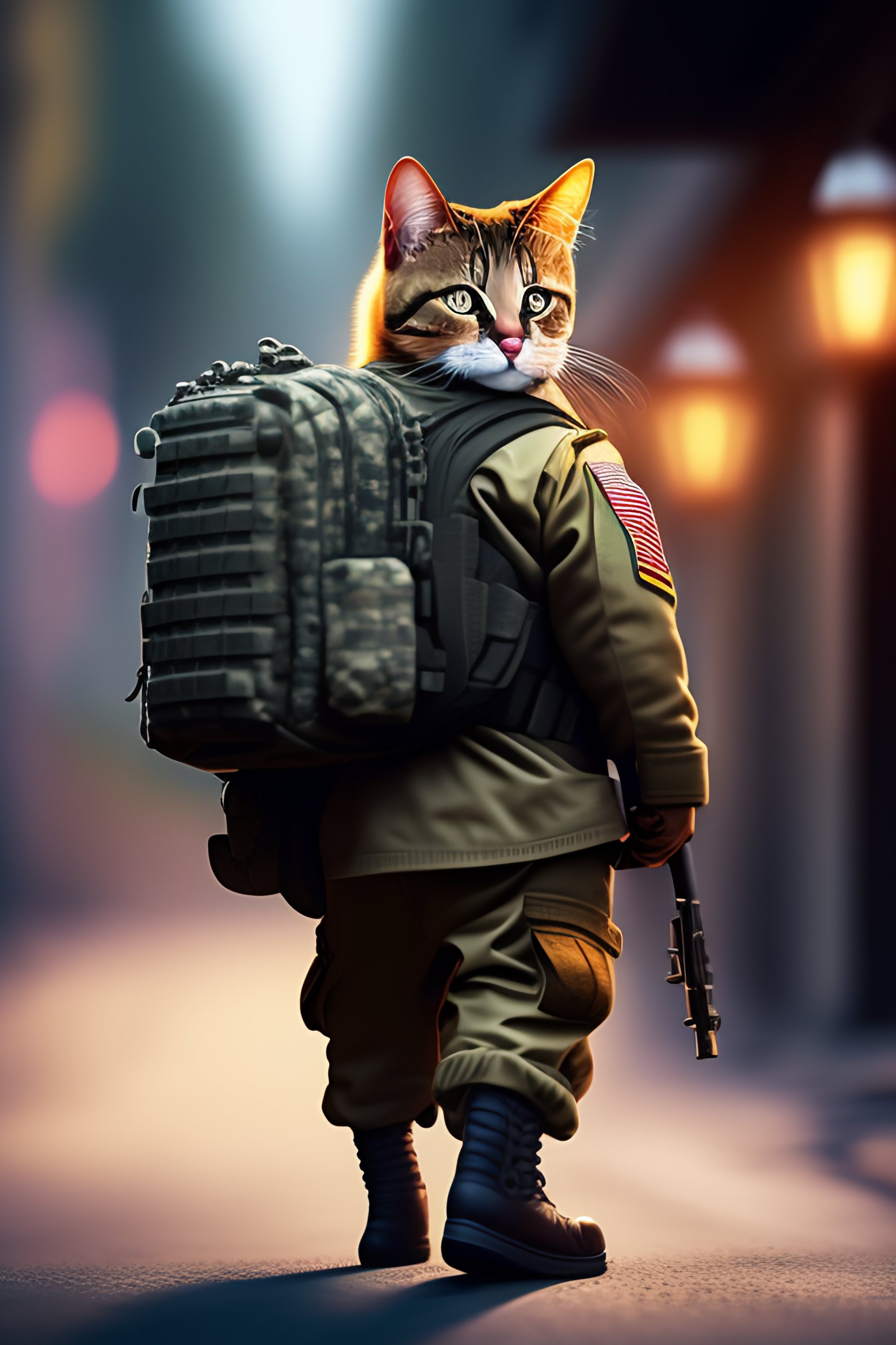 Lexica - A military cat with a machine gun walking with a baby by an ...