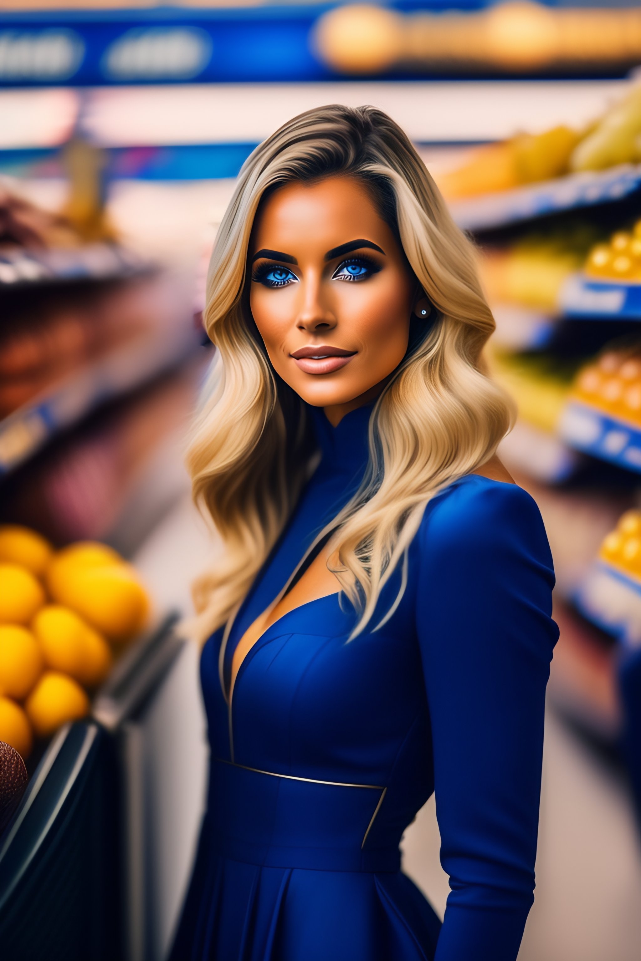 Lexica - Blonde sexy woman in blue dress and heels with beard in the  supermarket